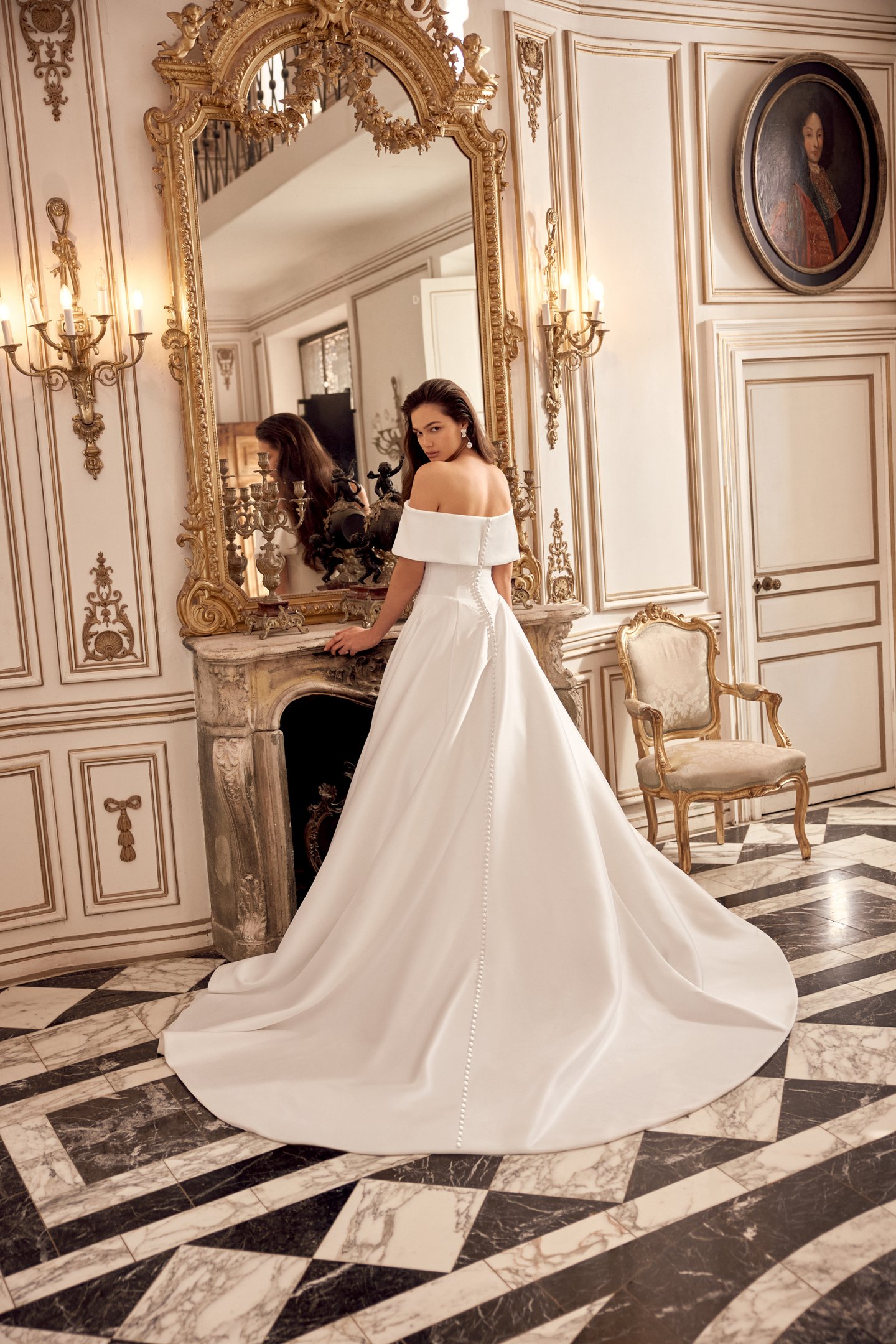 Justin Alexander Style 88552 Naima Mikado A-Line Gown with Off-the-Shoulder Portrait Neckline and Basque Waist
