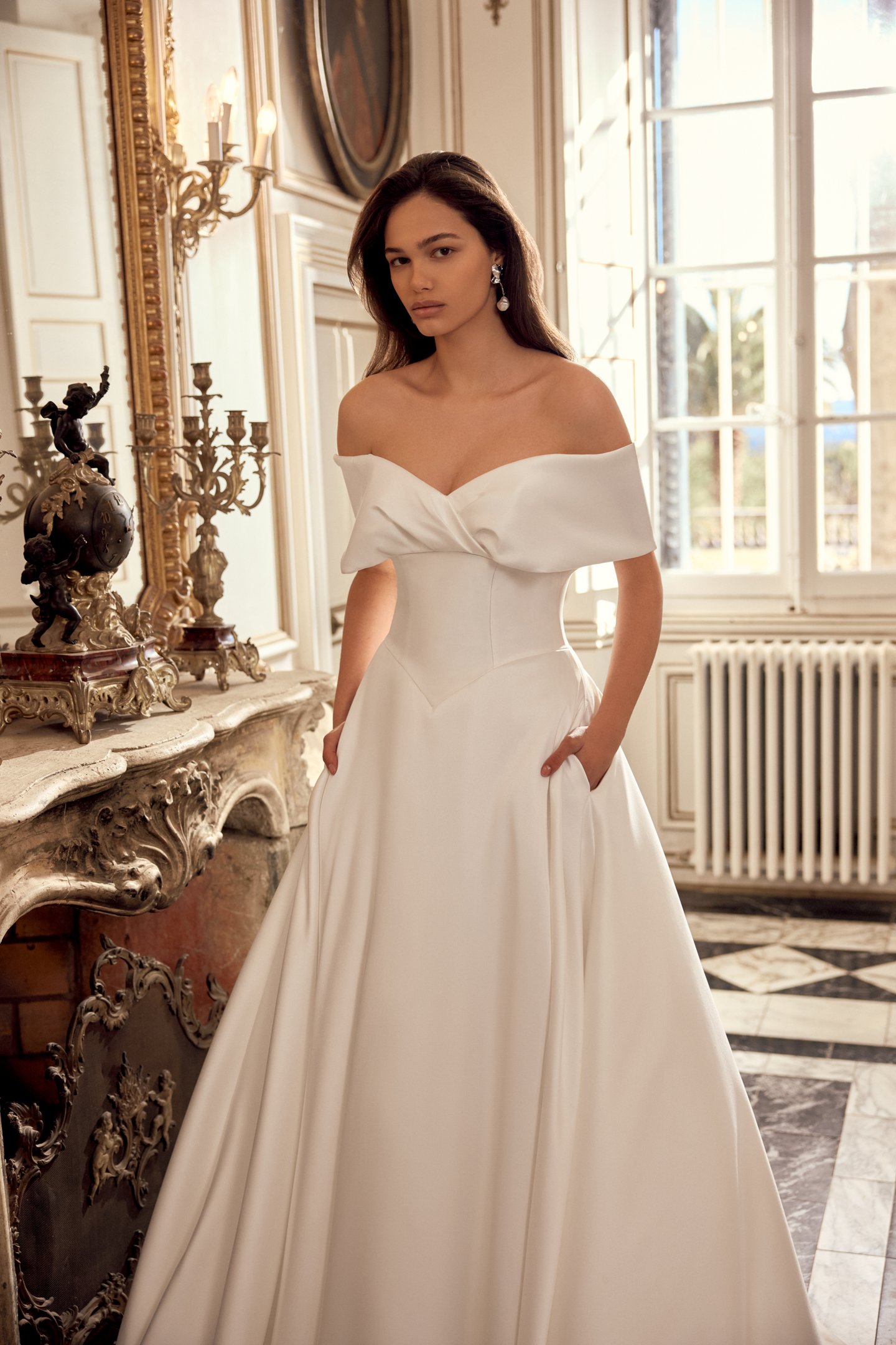 Justin Alexander Style 88552 Naima Mikado A-Line Gown with Off-the-Shoulder Portrait Neckline and Basque Waist