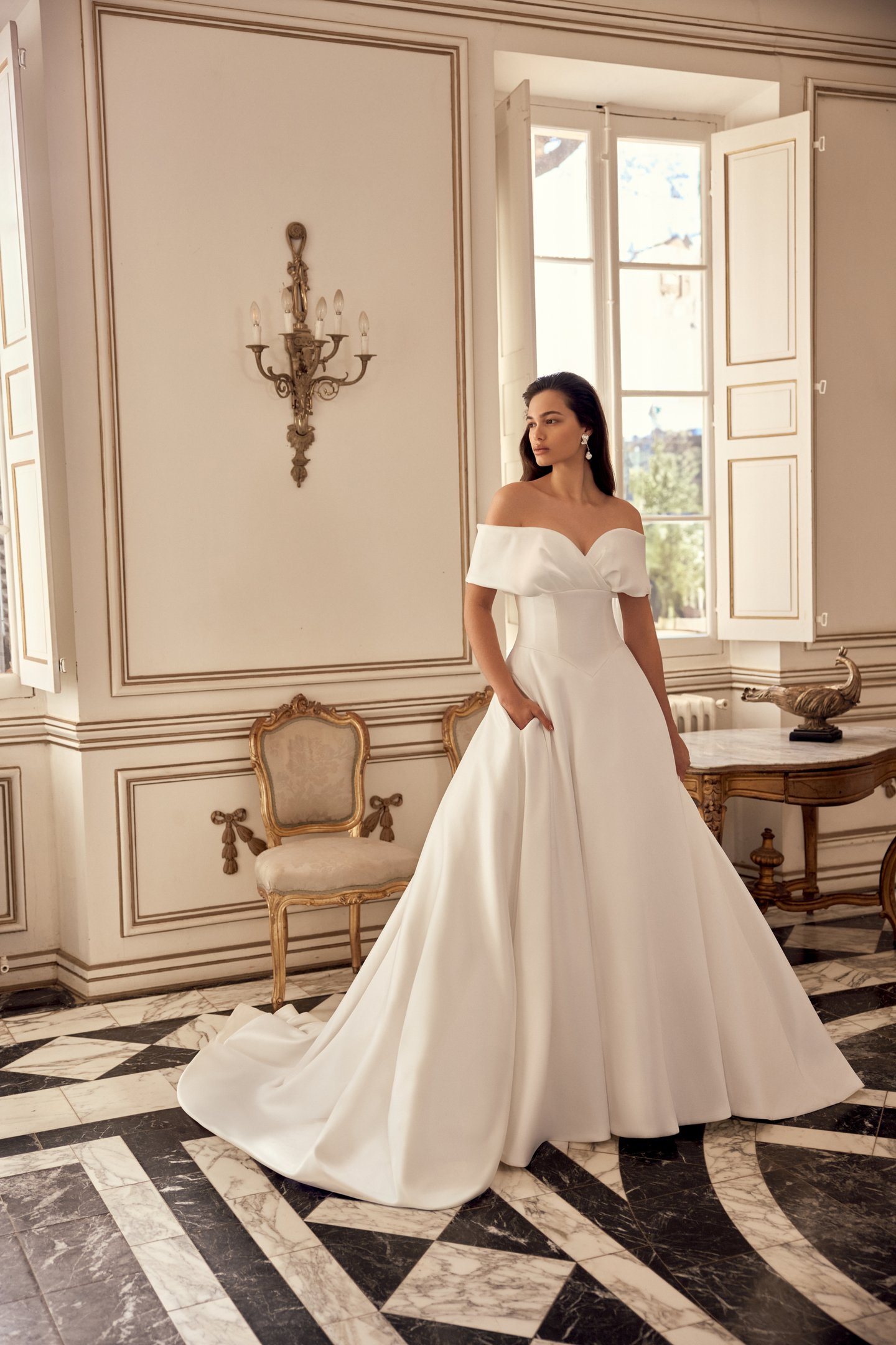Justin Alexander Style 88552 Naima Mikado A-Line Gown with Off-the-Shoulder Portrait Neckline and Basque Waist