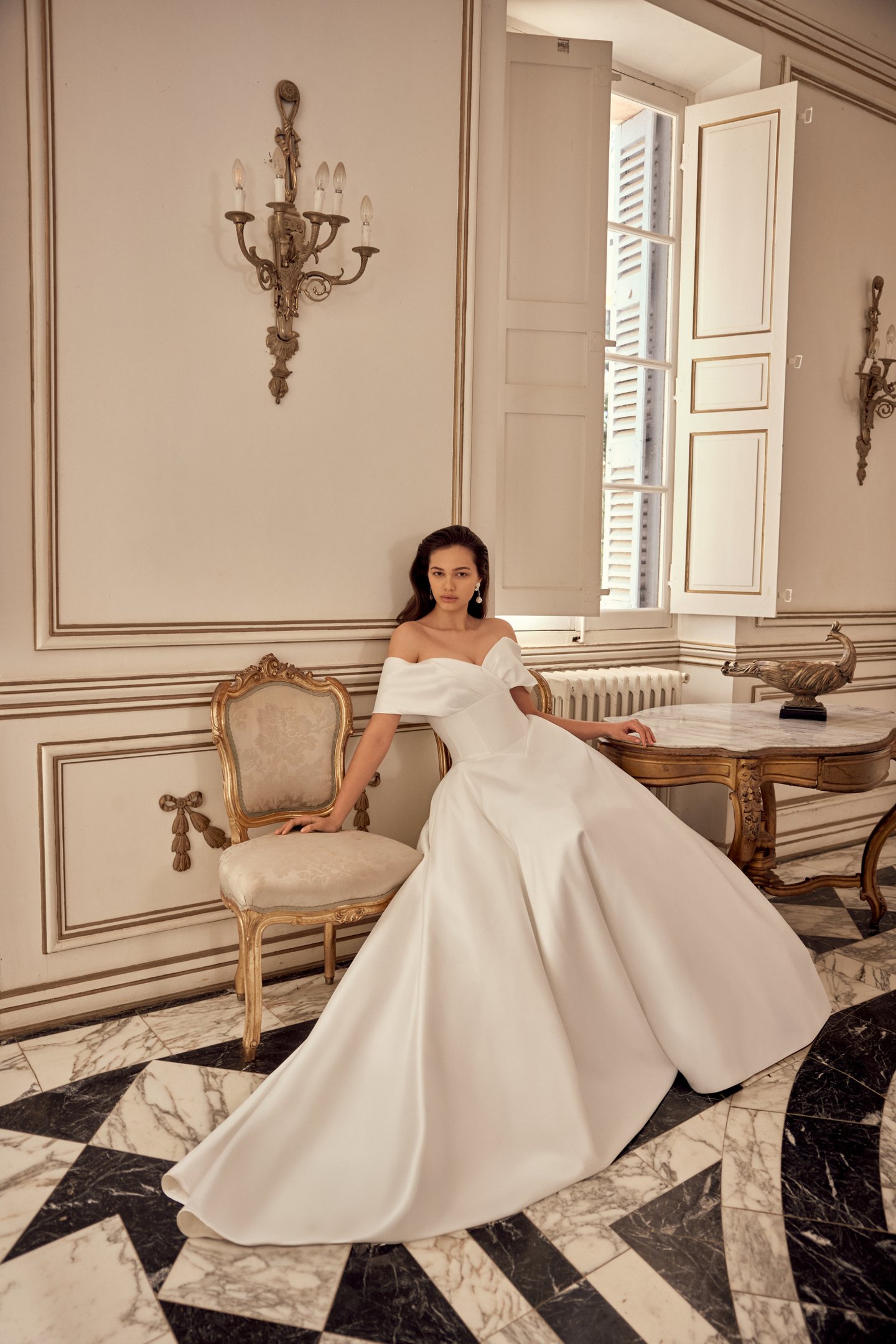 Justin Alexander Style 88552 Naima Mikado A-Line Gown with Off-the-Shoulder Portrait Neckline and Basque Waist