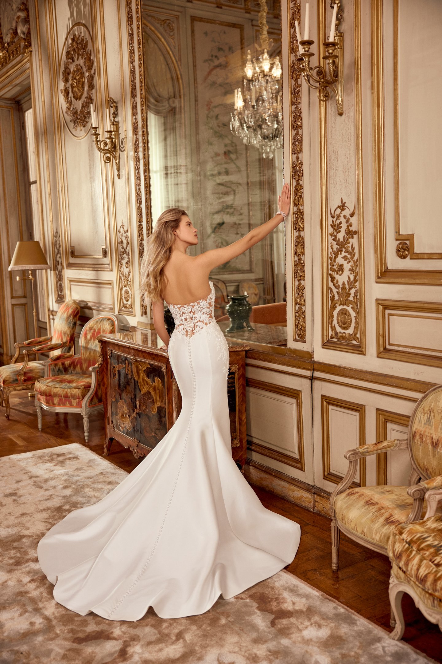 Justin Alexander Style 88553 Nyssa Fit and Flare Gown with Beaded and Sequined Lace Appliqués on Bodice and Illusion Back