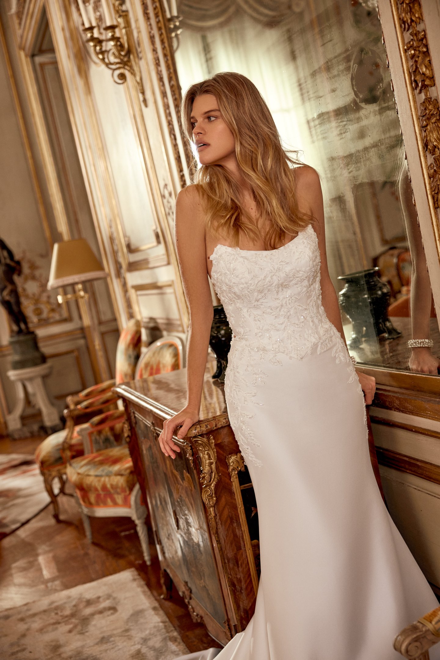 Justin Alexander Style 88553 Nyssa Fit and Flare Gown with Beaded and Sequined Lace Appliqués on Bodice and Illusion Back