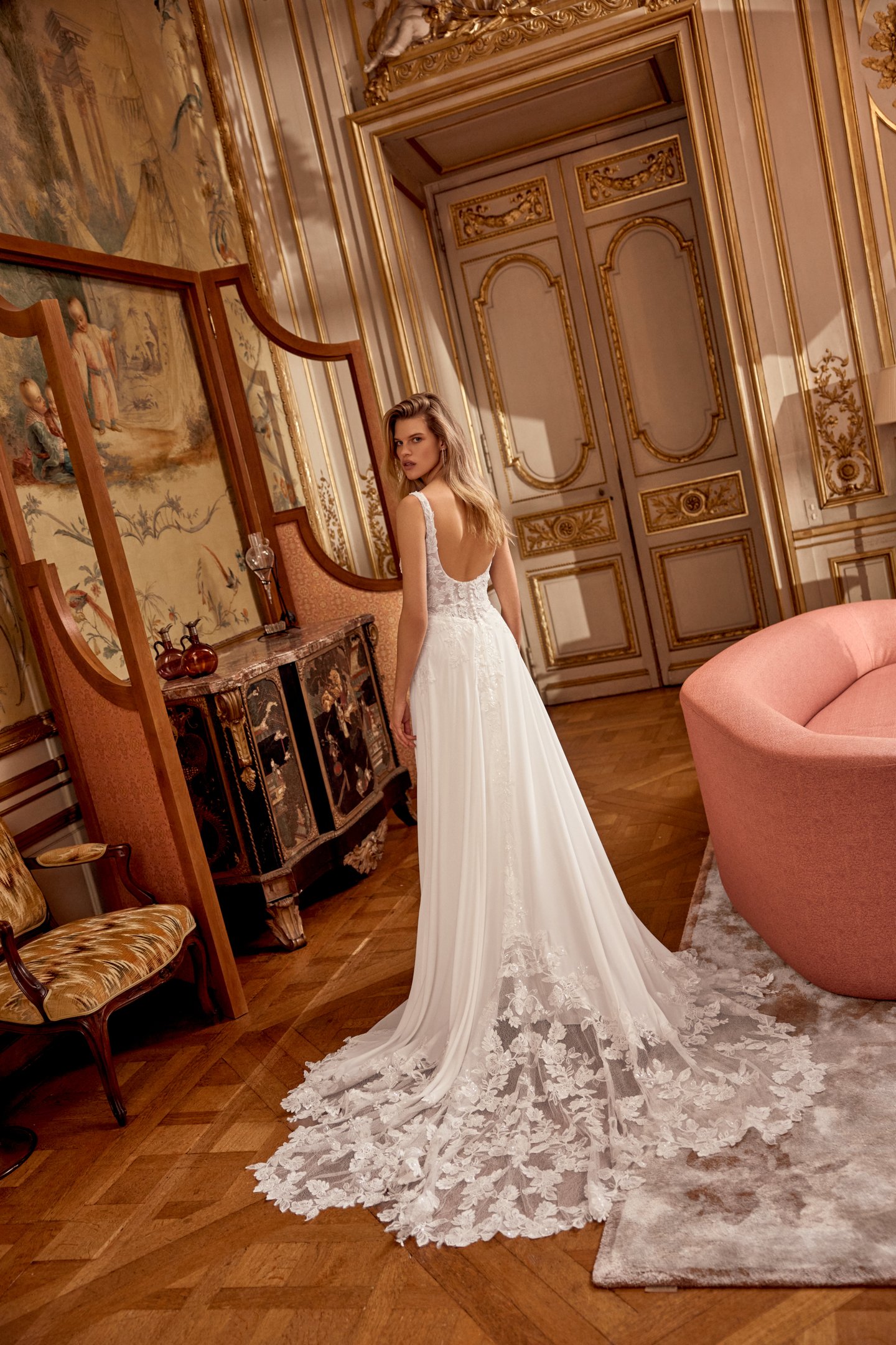 Justin Alexander Style 88554 Nivara Sparkling Chiffon A-Line Gown with Beaded and Sequined Appliqués on Bodice with Dramatic Cut-Out Train