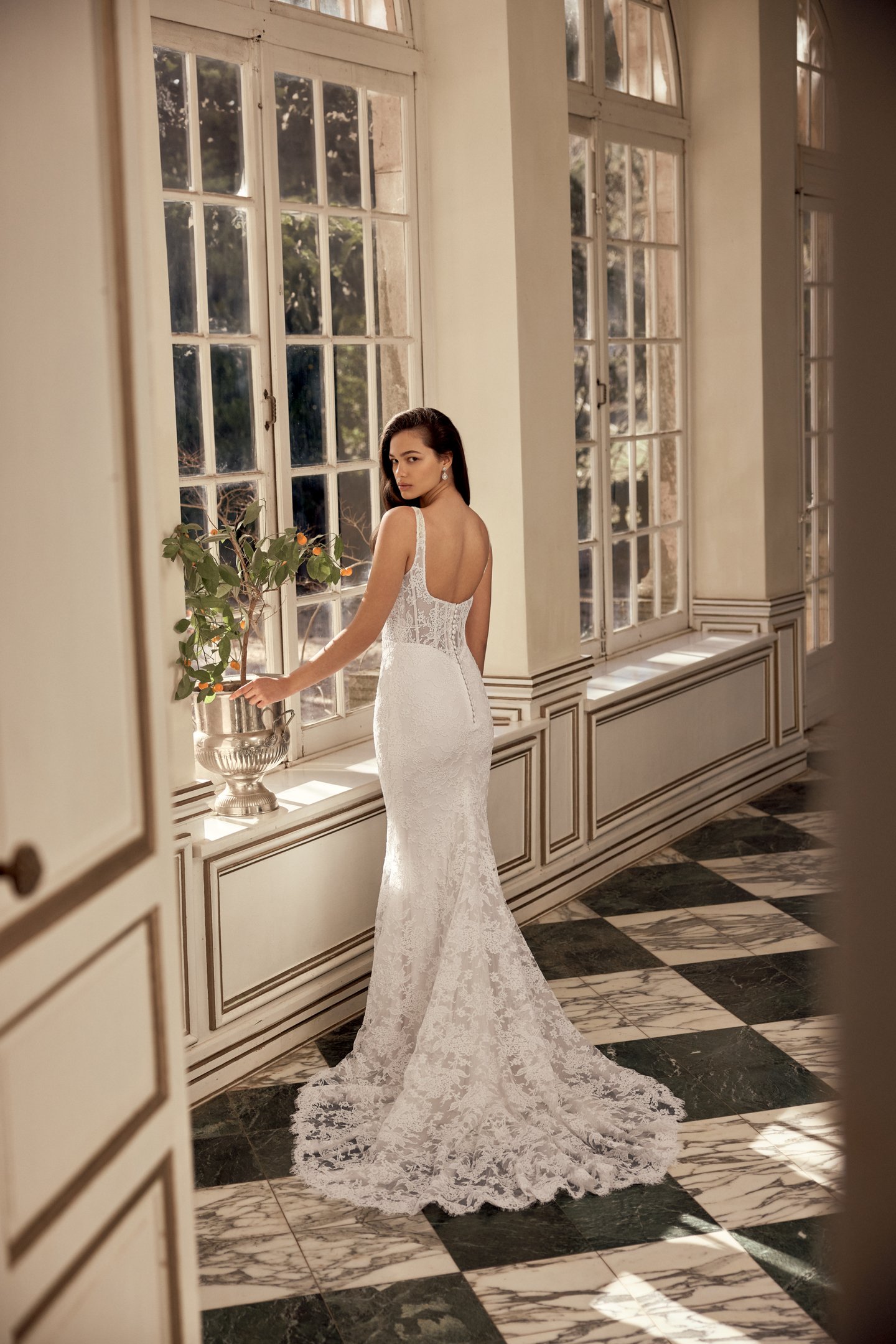 Justin Alexander Style 88556 Navy Allover Corded Alençon Lace Fit and Flare Gown with Exposed Boning on Sheer Bodice