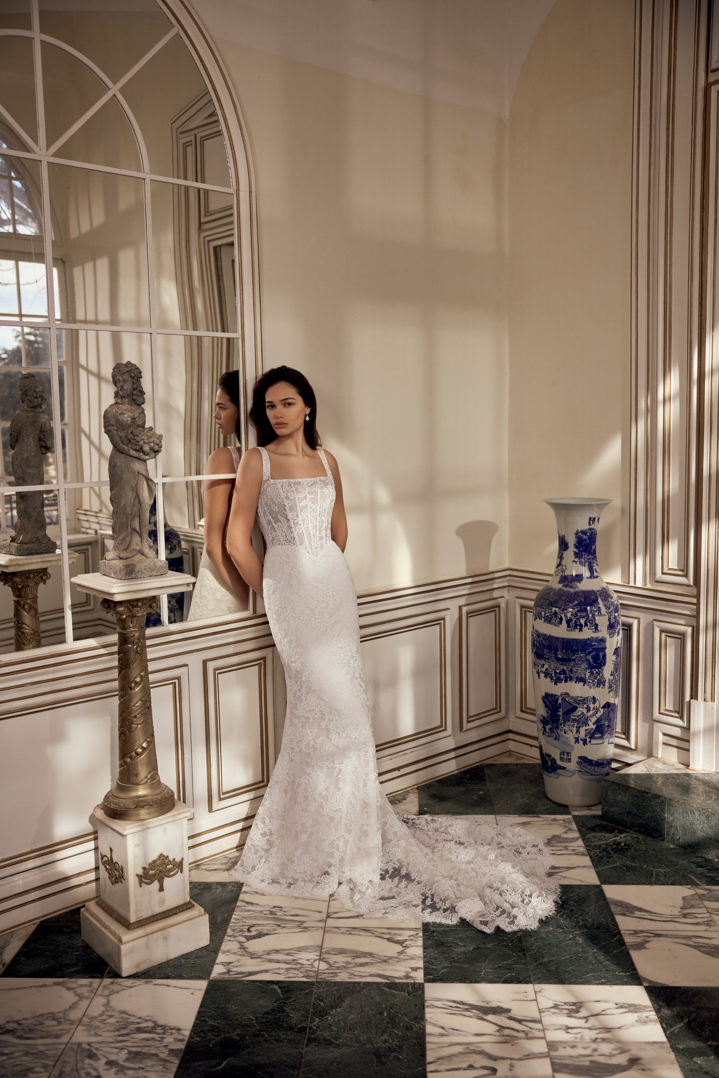 Justin Alexander Style 88556 Navy Allover Corded Alençon Lace Fit and Flare Gown with Exposed Boning on Sheer Bodice