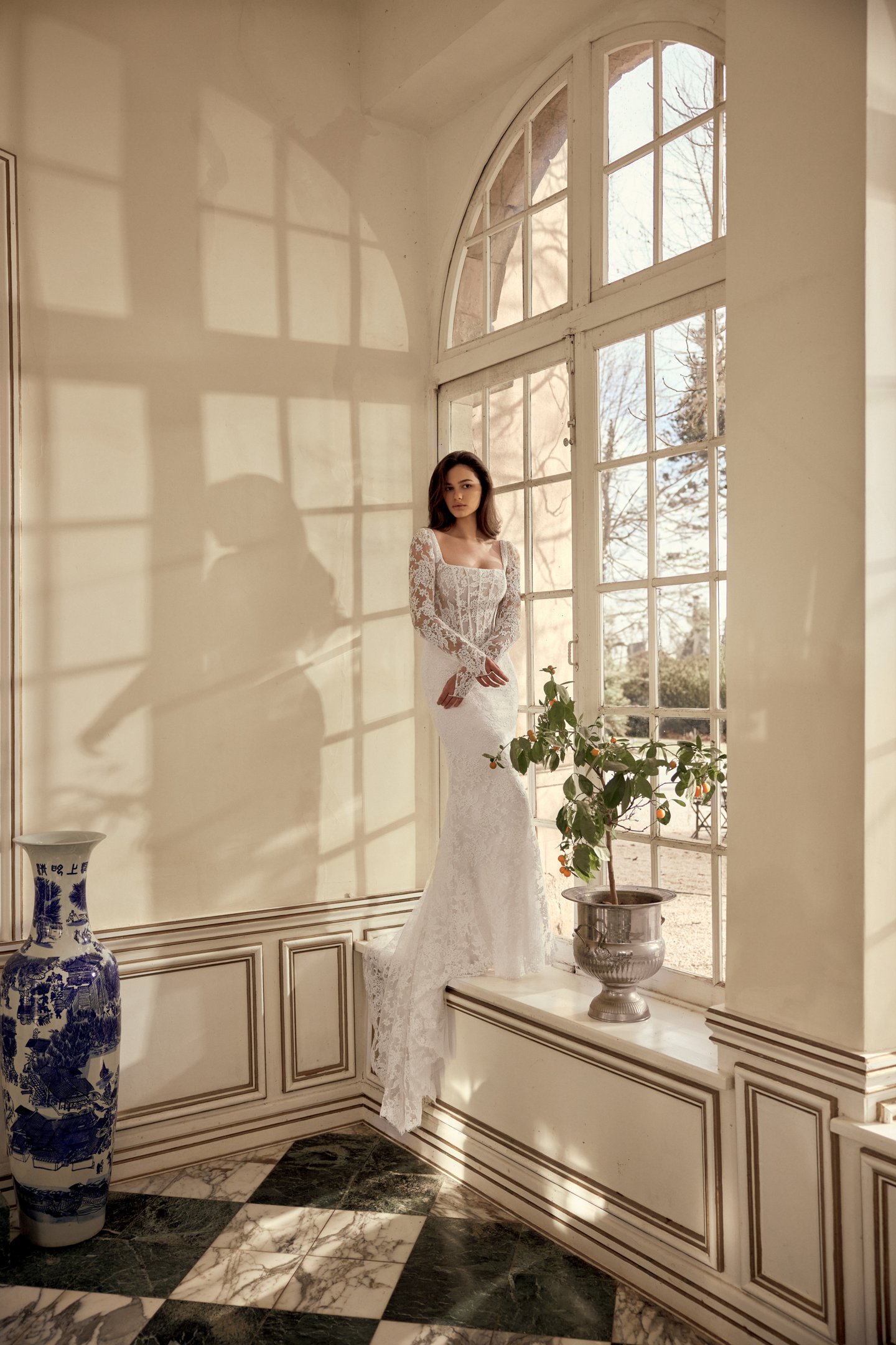 Justin Alexander Style 88556 Navy Allover Corded Alençon Lace Fit and Flare Gown with Exposed Boning on Sheer Bodice