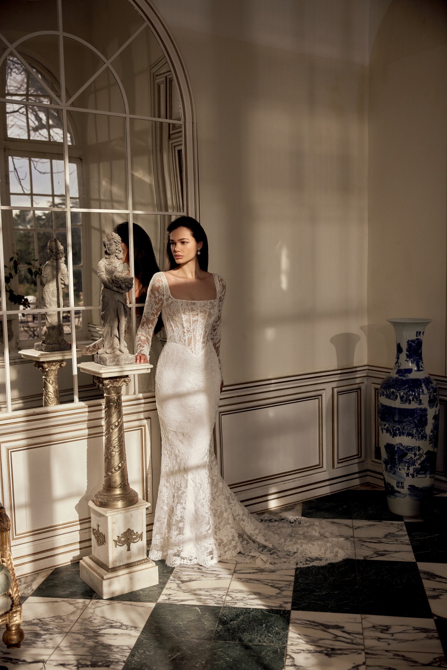 Justin Alexander Style 88556 Navy Allover Corded Alençon Lace Fit and Flare Gown with Exposed Boning on Sheer Bodice