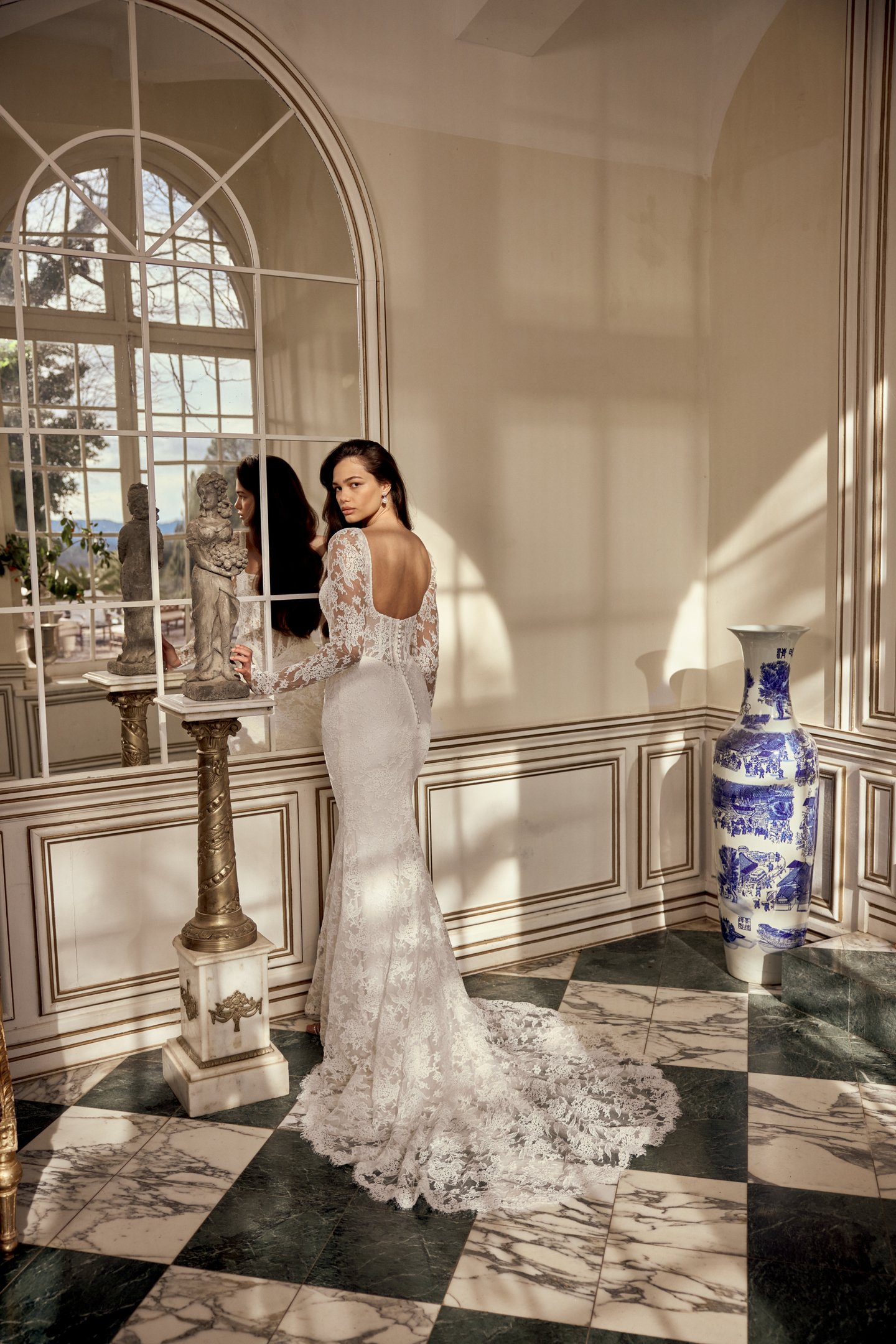 Justin Alexander Style 88556SL Navy Sleeves Detachable Allover Corded Alençon Lace Illusion Long Sleeves