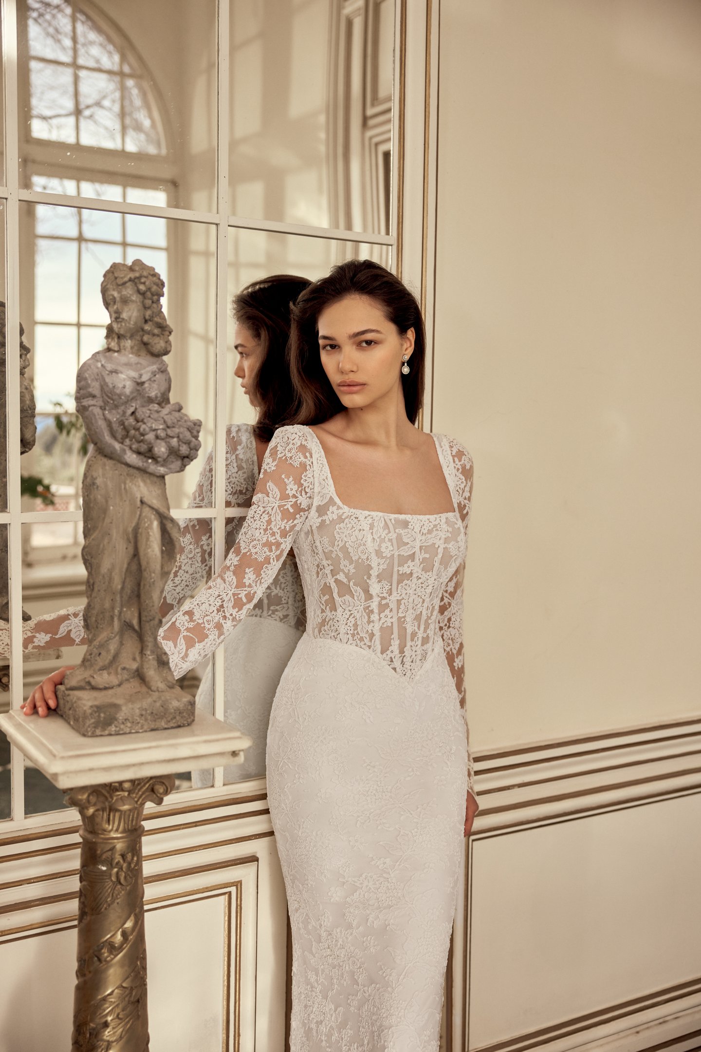 Justin Alexander Style 88556SL Navy Sleeves Detachable Allover Corded Alençon Lace Illusion Long Sleeves