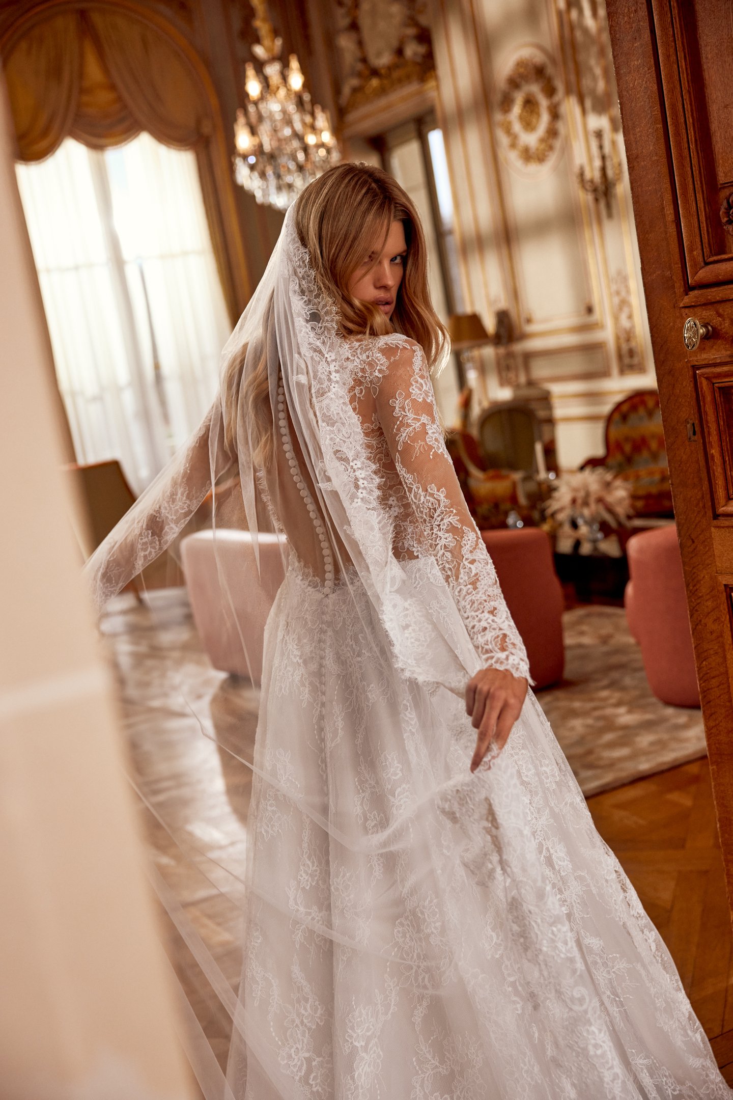Justin Alexander Style 88557 Nela Allover Alençon Corded Lace A-Line Gown with Plunging Queen Anne Neckline and Illusion Keyhole Back