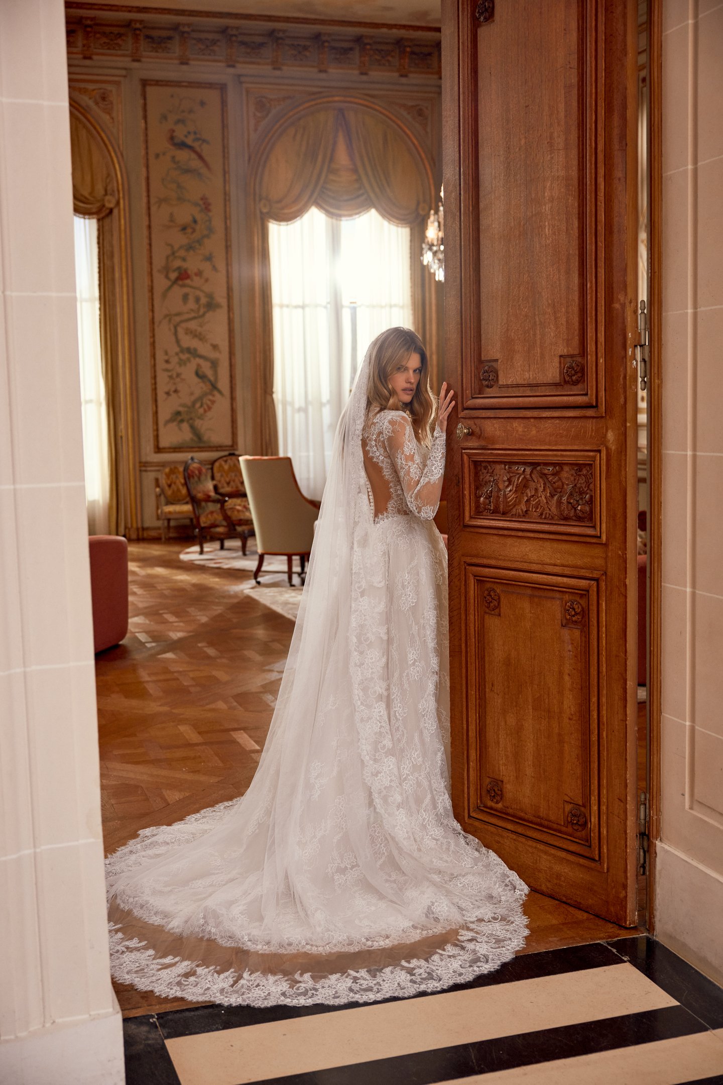 Justin Alexander Style 88557 Nela Allover Alençon Corded Lace A-Line Gown with Plunging Queen Anne Neckline and Illusion Keyhole Back