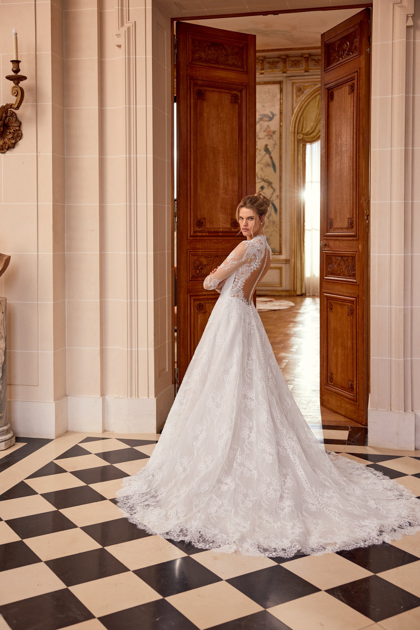 Justin Alexander Style 88557 Nela Allover Alençon Corded Lace A-Line Gown with Plunging Queen Anne Neckline and Illusion Keyhole Back