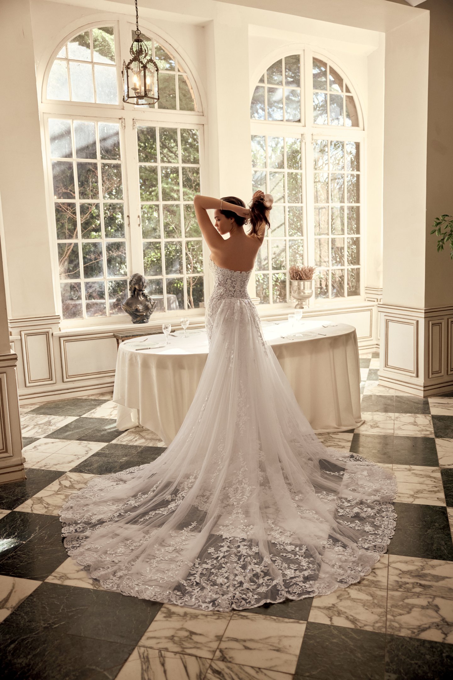 Justin Alexander Style 88558 Natalia Sequined Lace Fit and Flare With Strapless Scalloped Neckline and Chapel Length Train with Pointed Detail