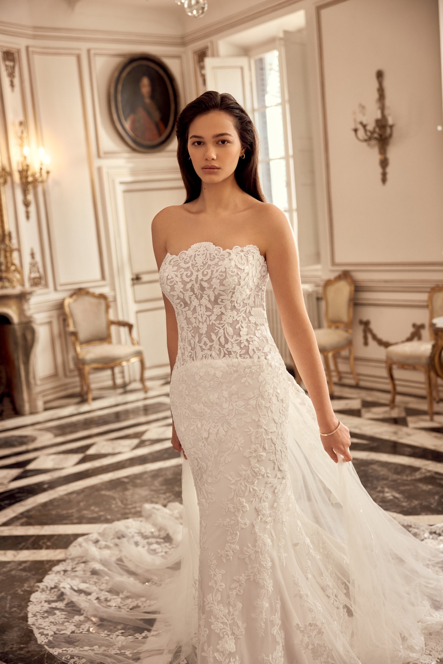 Justin Alexander Style 88558 Natalia Sequined Lace Fit and Flare With Strapless Scalloped Neckline and Chapel Length Train with Pointed Detail