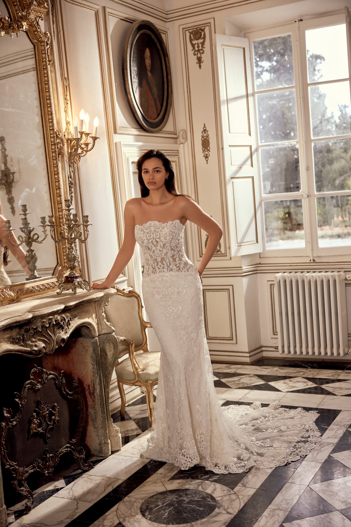 Justin Alexander Style 88558 Natalia Sequined Lace Fit and Flare With Strapless Scalloped Neckline and Chapel Length Train with Pointed Detail