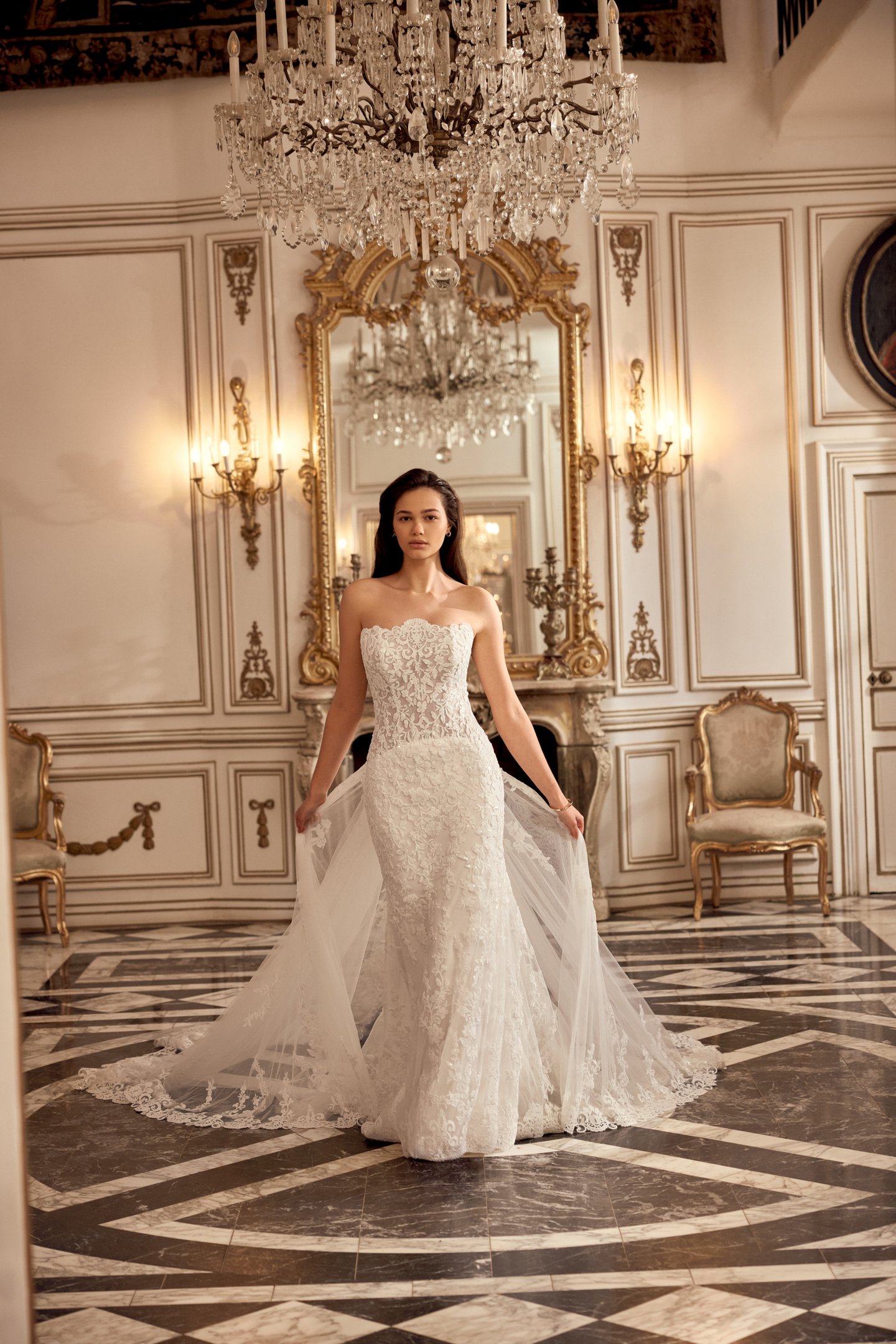 Justin Alexander Style 88558 Natalia Sequined Lace Fit and Flare With Strapless Scalloped Neckline and Chapel Length Train with Pointed Detail