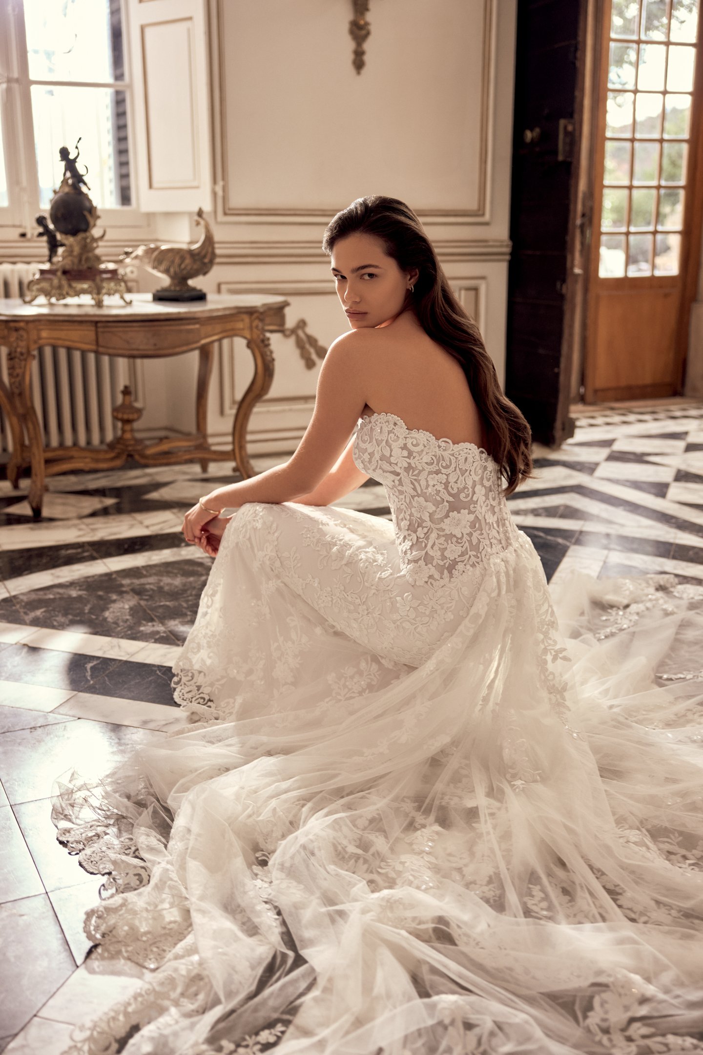 Justin Alexander Style 88558 Natalia Sequined Lace Fit and Flare With Strapless Scalloped Neckline and Chapel Length Train with Pointed Detail