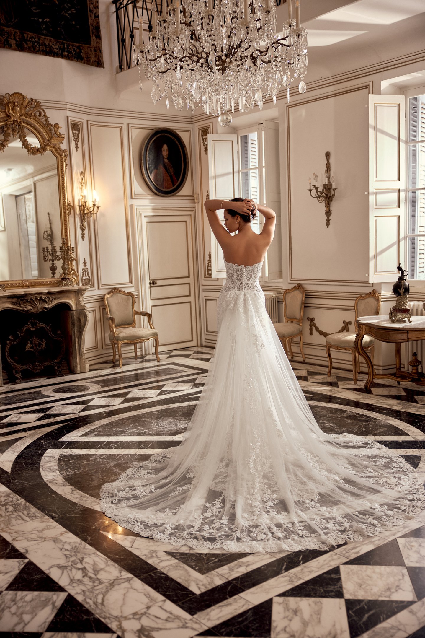 Justin Alexander Style 88558DT Natalia Train Detachable Tulle Cathedral Length Train with Gathered Back Waistline and Sparkling Floral Lace Appliqués