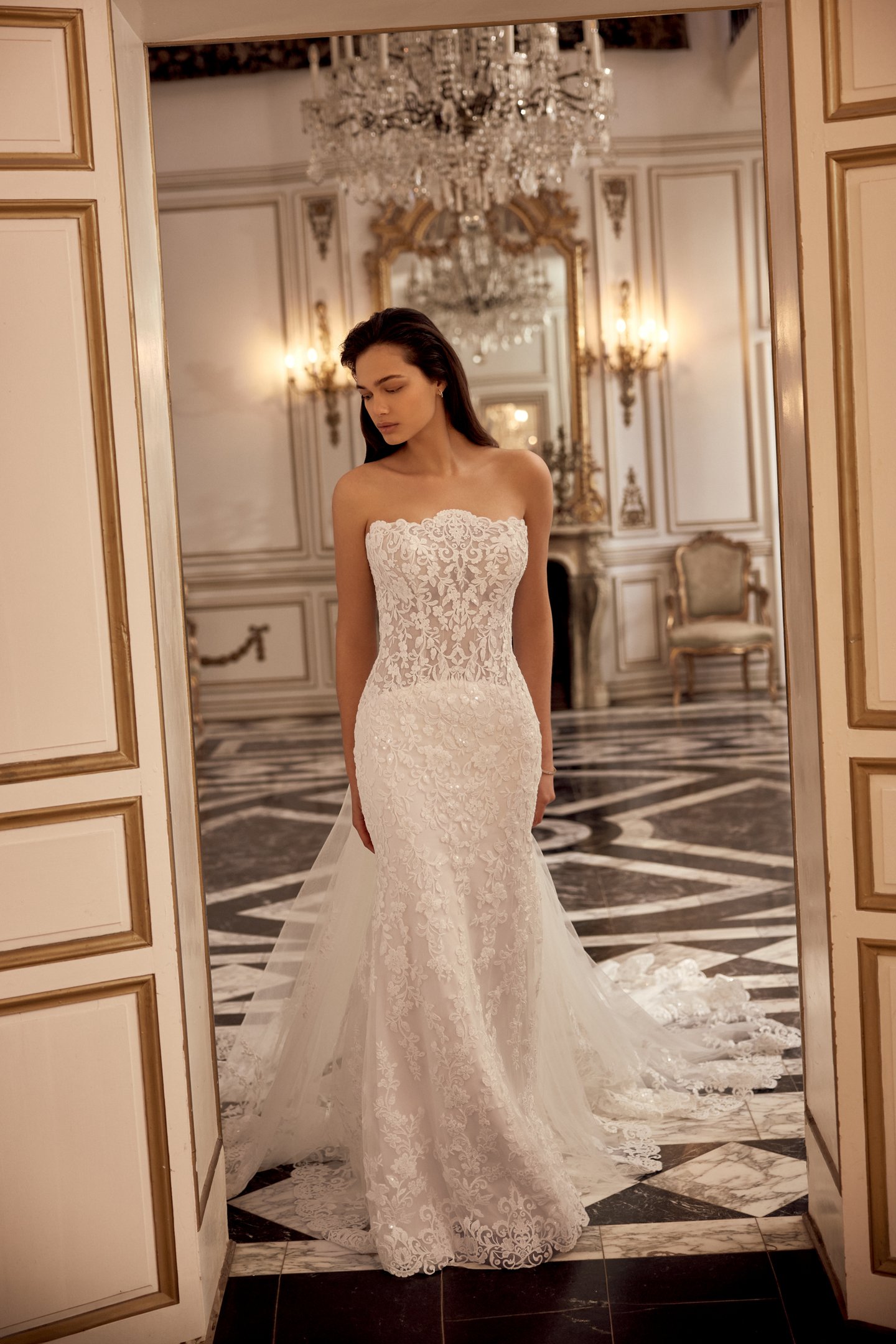 Justin Alexander Style 88558DT Natalia Train Detachable Tulle Cathedral Length Train with Gathered Back Waistline and Sparkling Floral Lace Appliqués