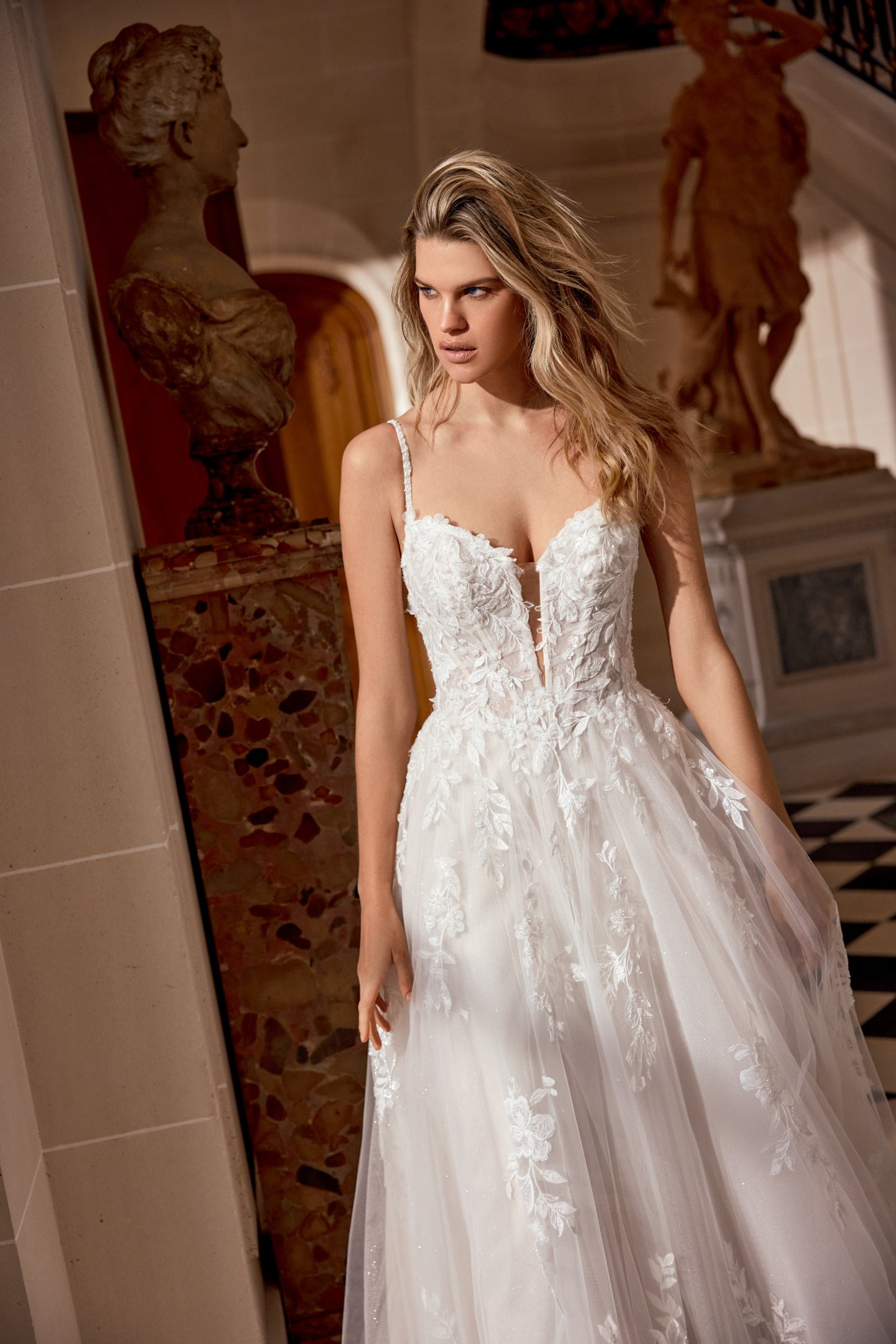 Justin Alexander Style 88559 Nolie Sparkle Tulle A-Line Gown with Plunging Bikini Neckline and Sheer Bodice