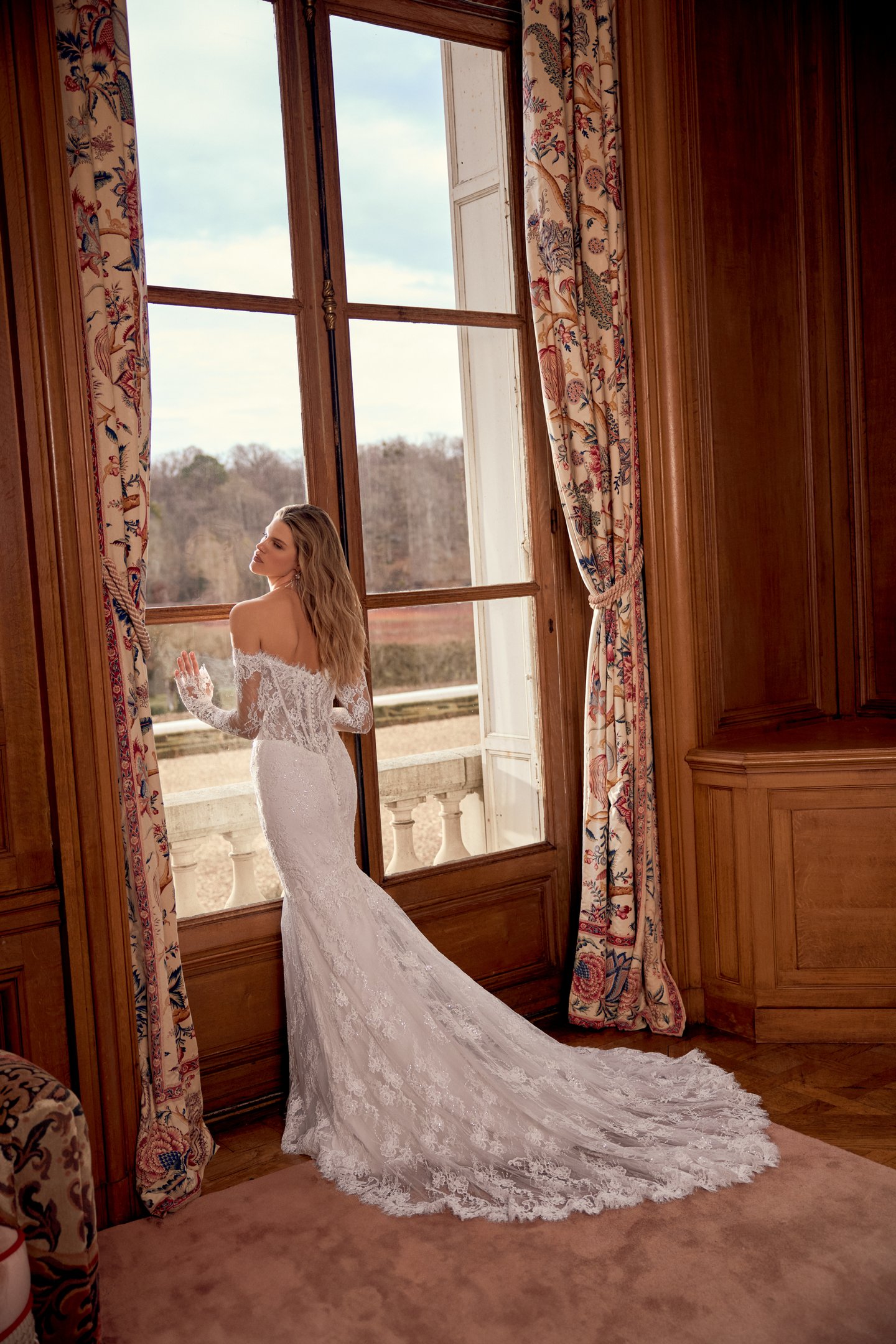 Justin Alexander Style 88561 Nicoletta Allover Corded Lace Fit and Flare Gown with Long Sleeves and Sheer Bodice with Demicups