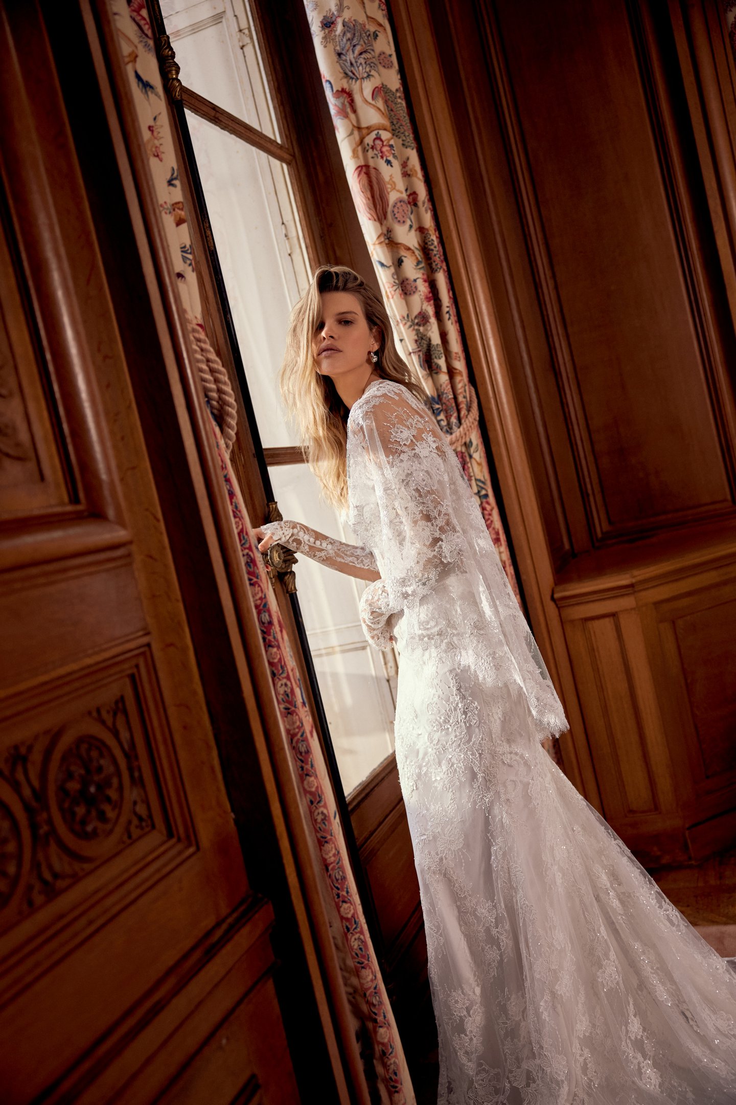 Justin Alexander Style 88561 Nicoletta Allover Corded Lace Fit and Flare Gown with Long Sleeves and Sheer Bodice with Demicups