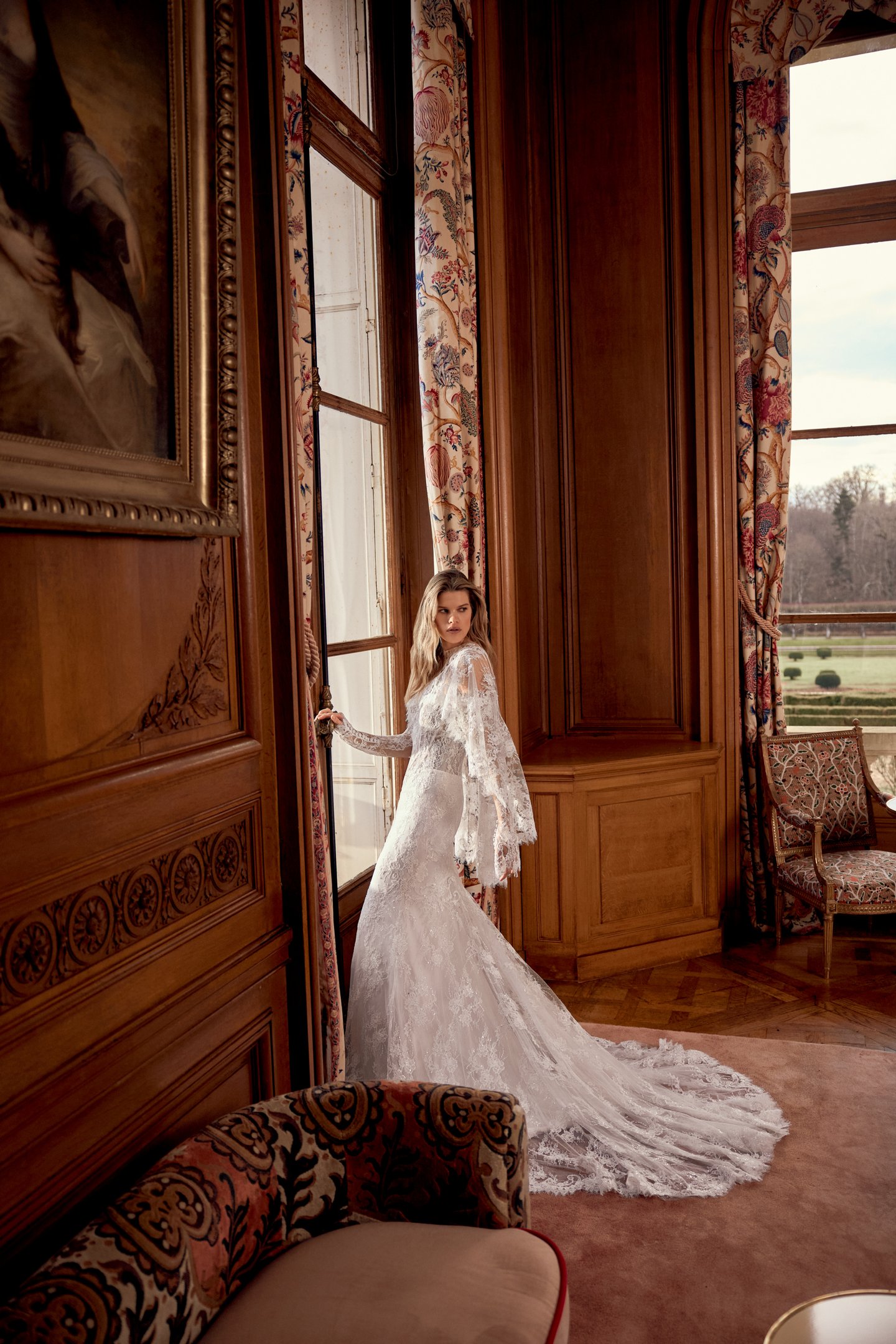 Justin Alexander Style 88561 Nicoletta Allover Corded Lace Fit and Flare Gown with Long Sleeves and Sheer Bodice with Demicups