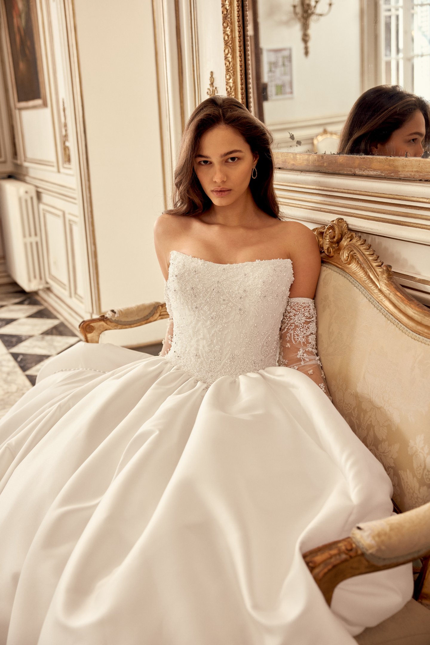 Justin Alexander Style 88562 Nikita Mikado Ball Gown with Fully Beaded Bodice with Cat Eye Neckline and Basque Waistline