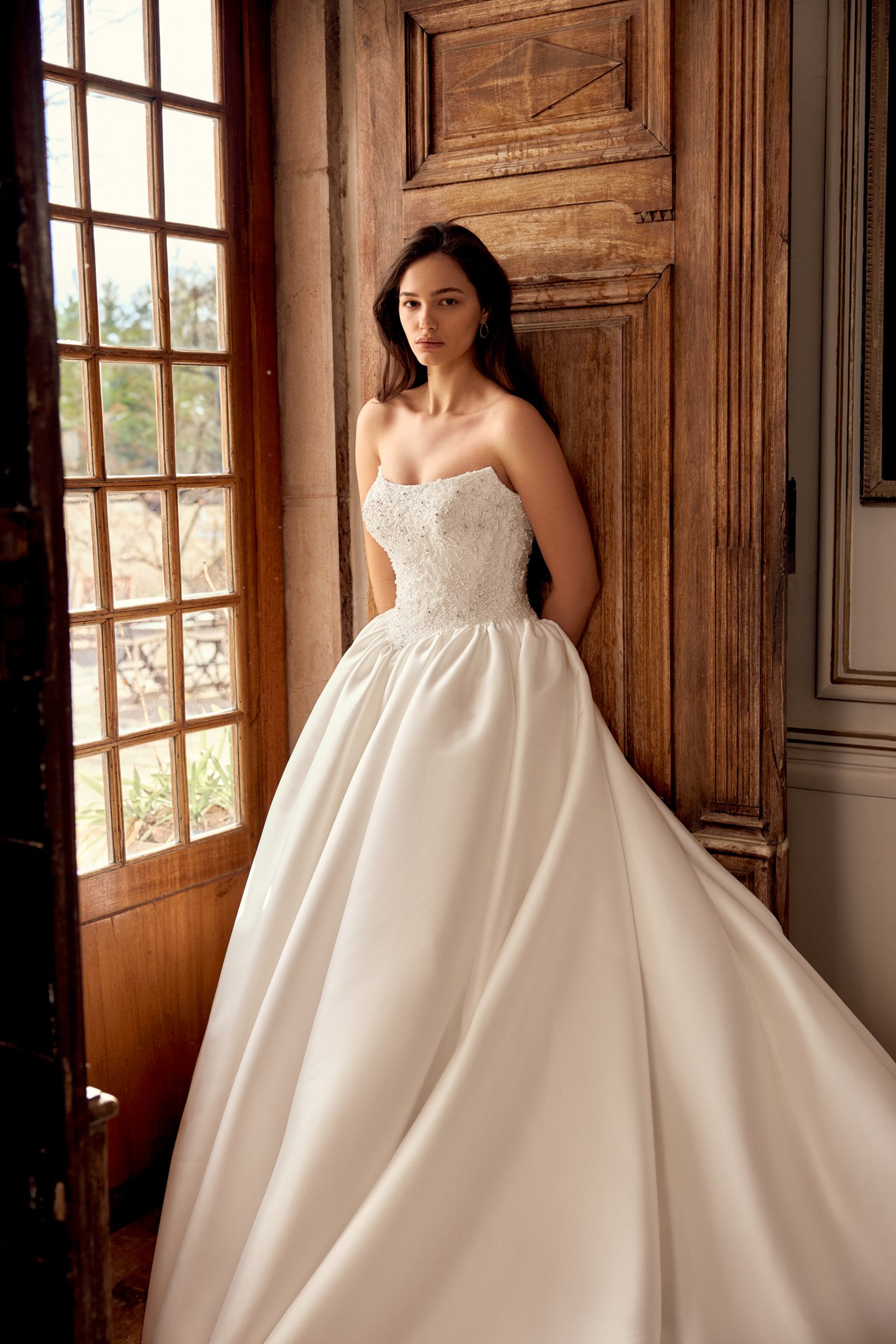 Justin Alexander Style 88562 Nikita Mikado Ball Gown with Fully Beaded Bodice with Cat Eye Neckline and Basque Waistline