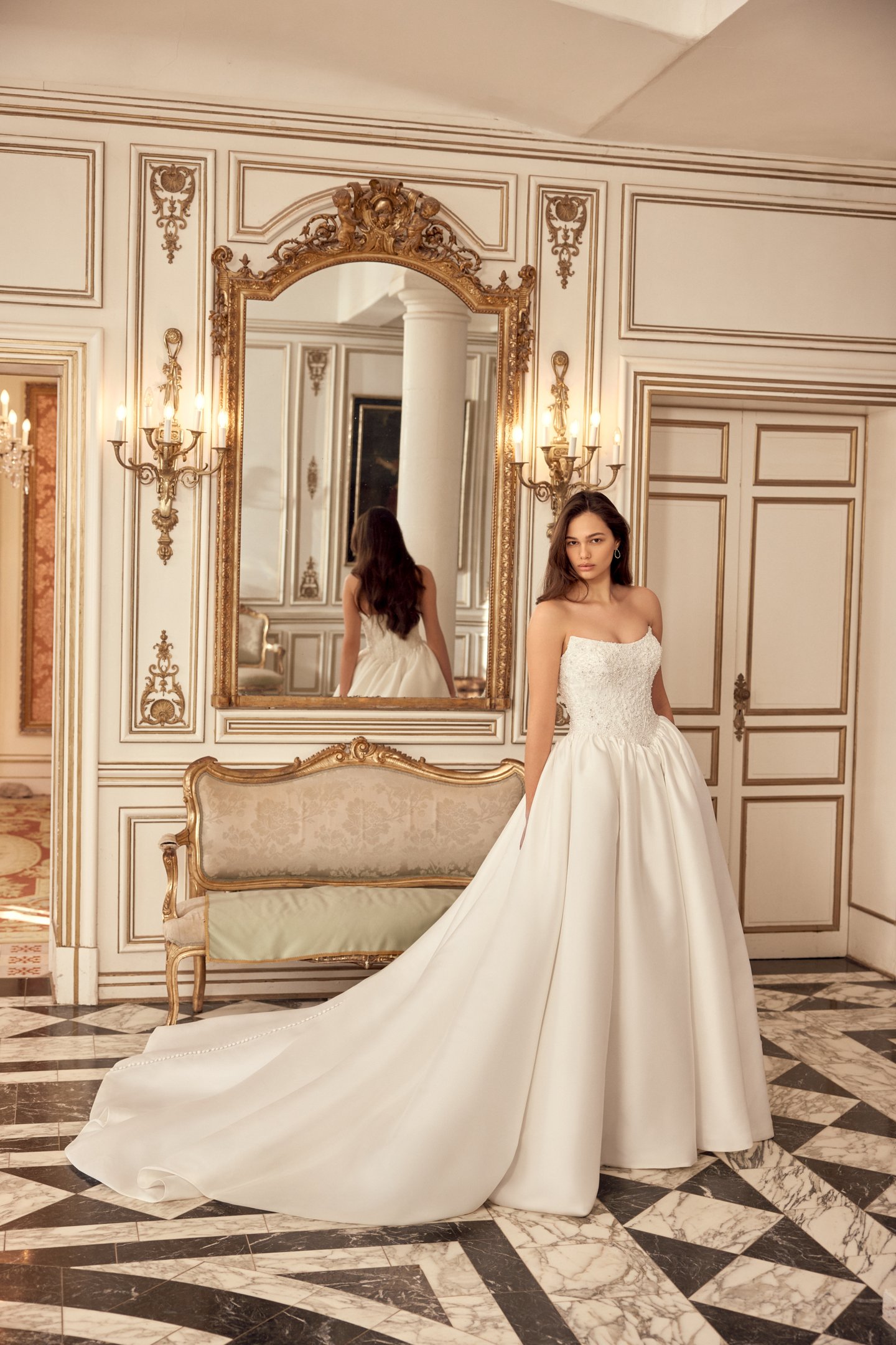 Justin Alexander Style 88562 Nikita Mikado Ball Gown with Fully Beaded Bodice with Cat Eye Neckline and Basque Waistline