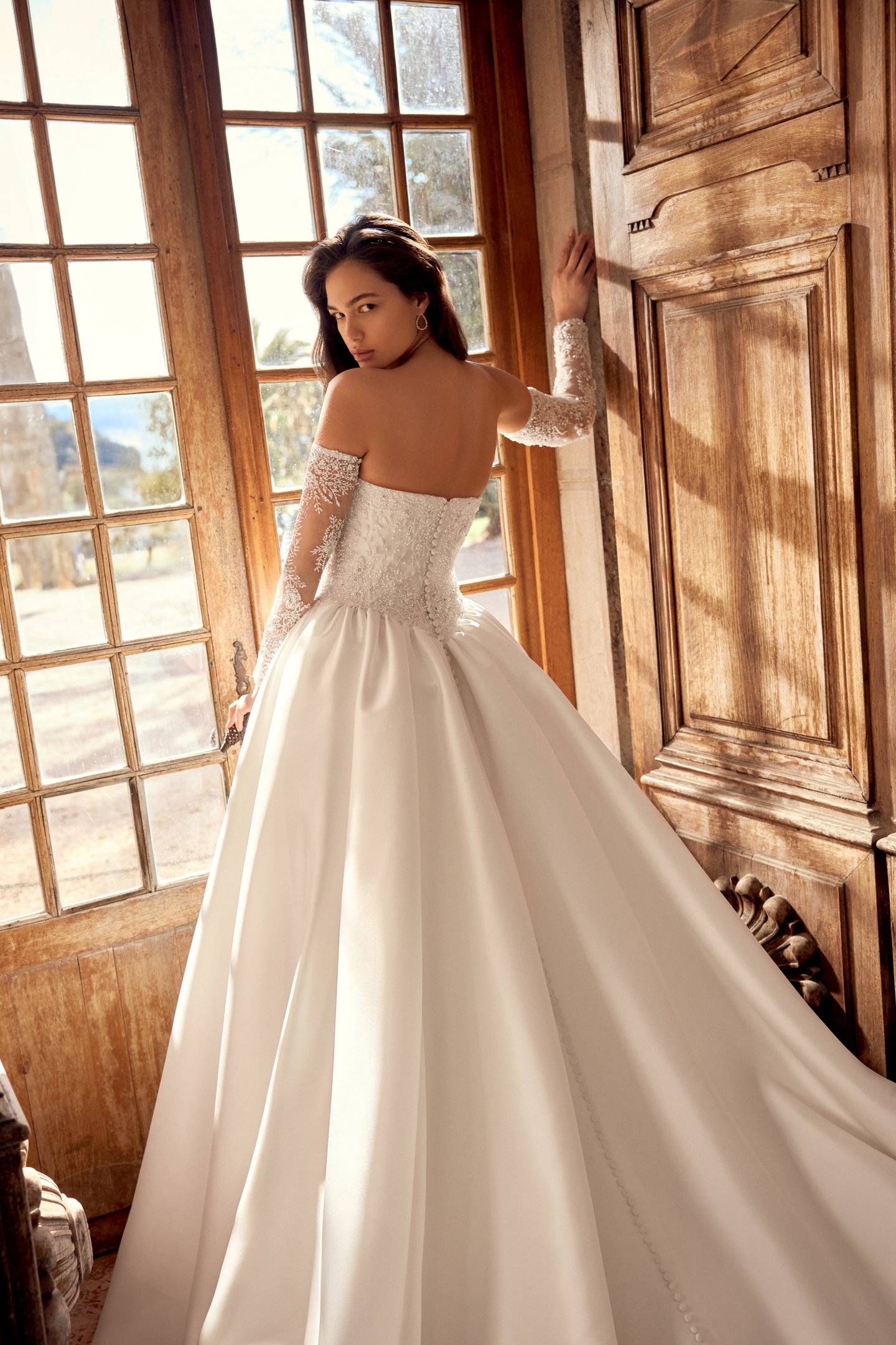 Justin Alexander Style 88562SL Nikita Sleeves Detachable Off-the-Shoulder Long Sleeves with Tonal Floral Beaded Embroidery