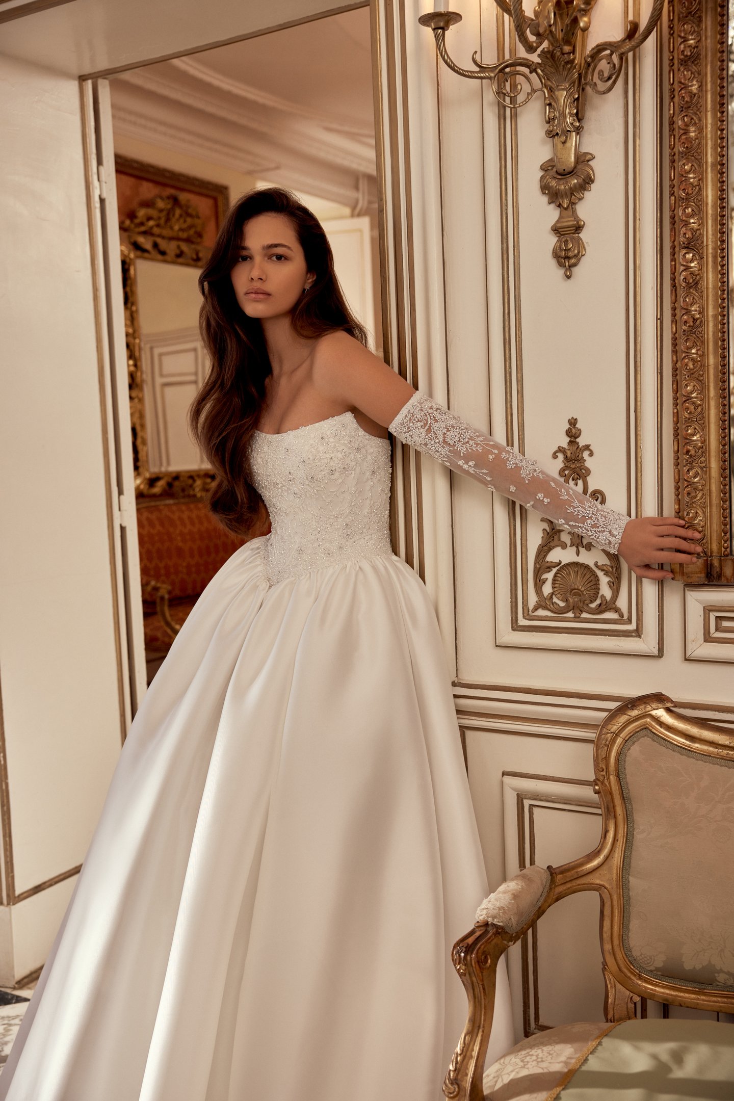 Justin Alexander Style 88562SL Nikita Sleeves Detachable Off-the-Shoulder Long Sleeves with Tonal Floral Beaded Embroidery