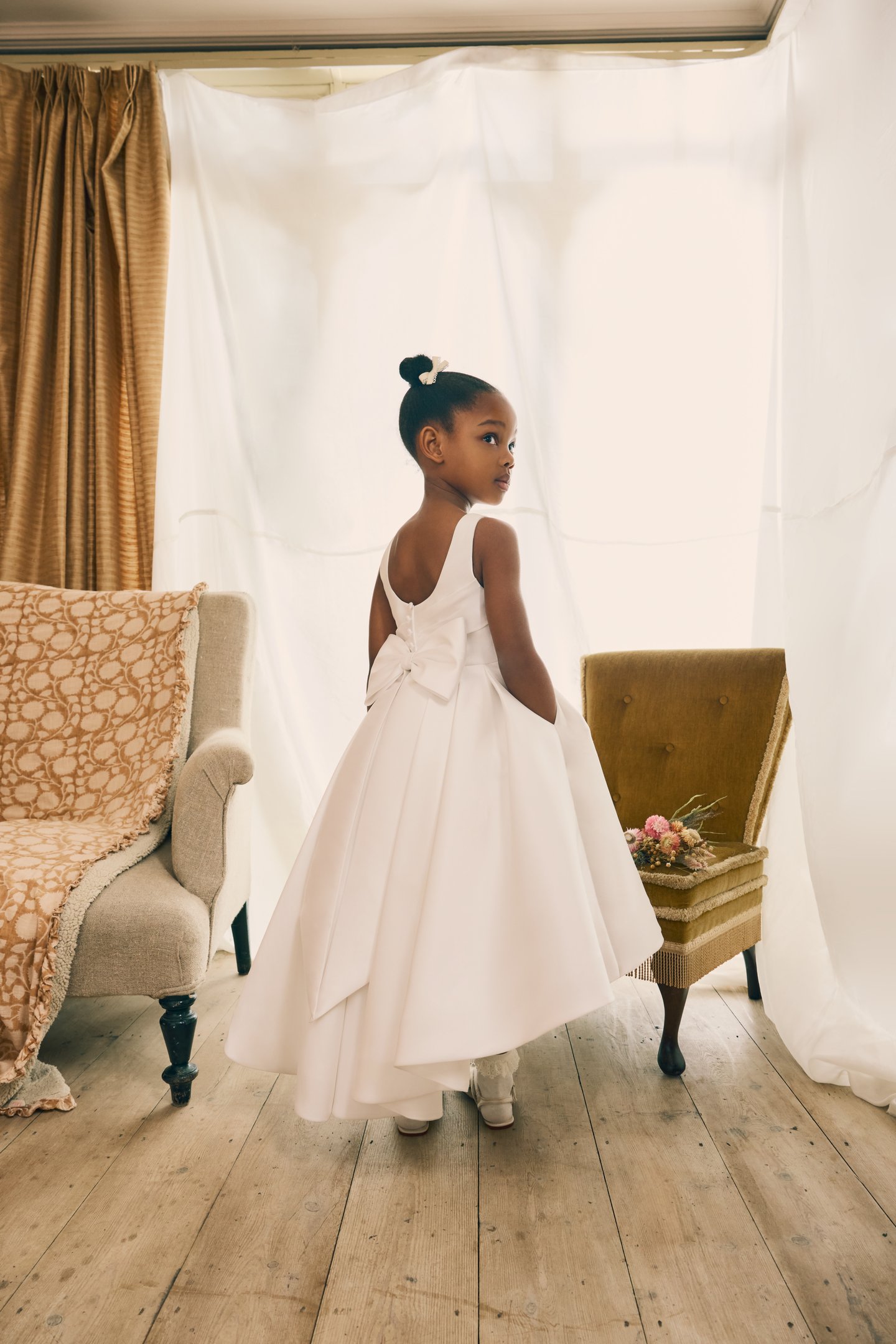 Fable by Justin Alexander Style FG001 Elle Mikado Tea Length Ball Gown with Sabrina Neckline, Pockets, and Bow at Back Waistline