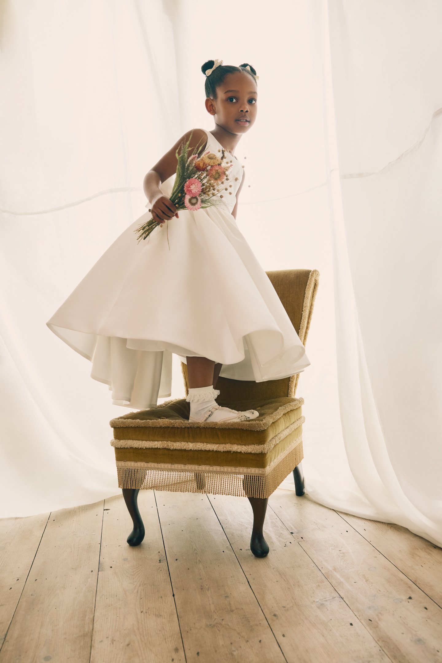 Fable by Justin Alexander Style FG001 Elle Mikado Tea Length Ball Gown with Sabrina Neckline, Pockets, and Bow at Back Waistline