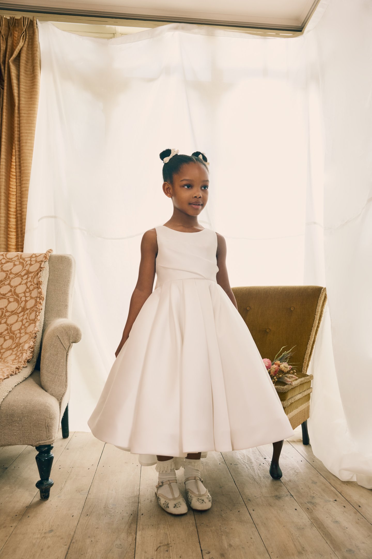 Fable by Justin Alexander Style FG001 Elle Mikado Tea Length Ball Gown with Sabrina Neckline, Pockets, and Bow at Back Waistline