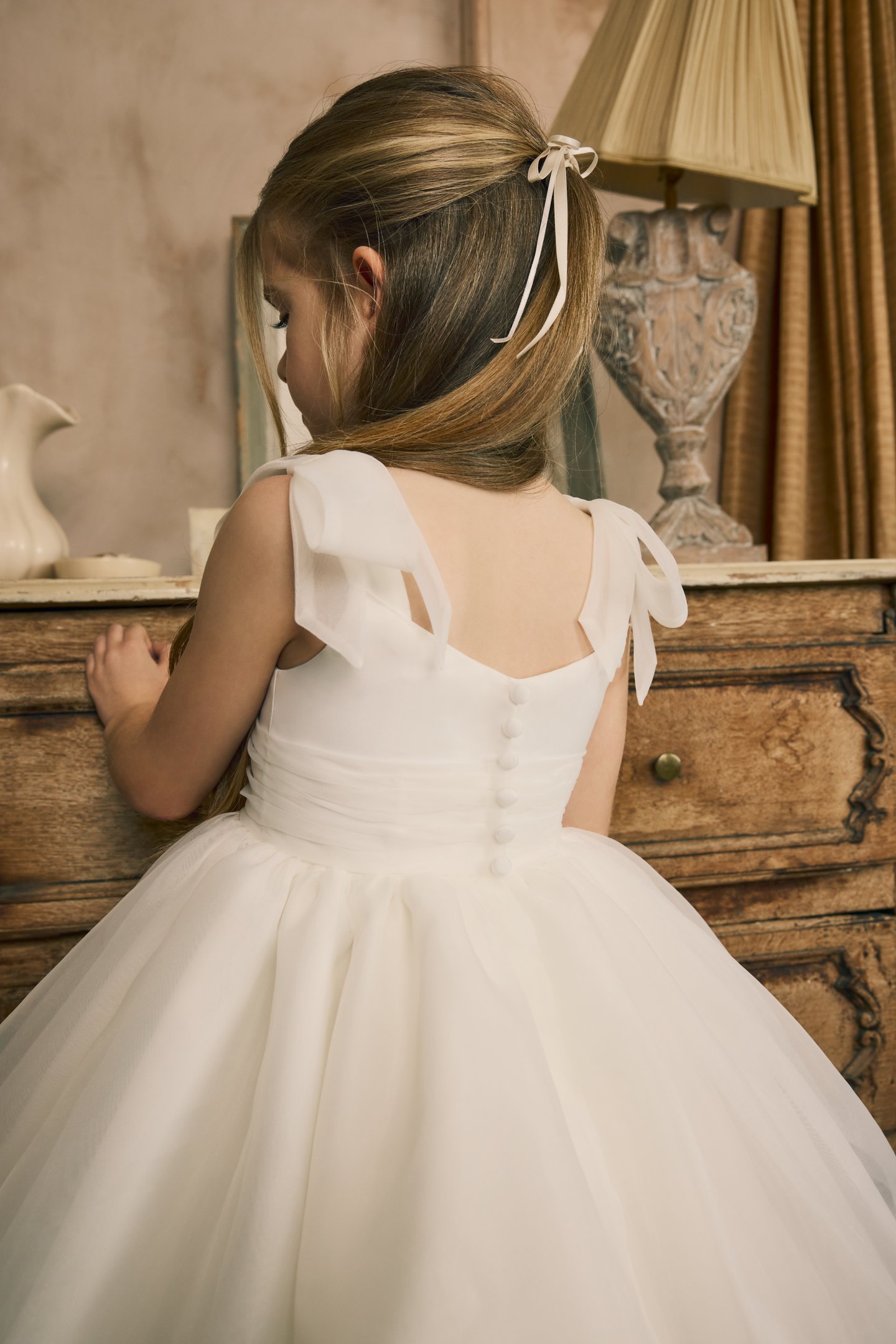 Fable by Justin Alexander Style FG002 Sadie Organza Tea Length Ball Gown with Delicate Organza Detachable Bows and Pleated Cummerbund