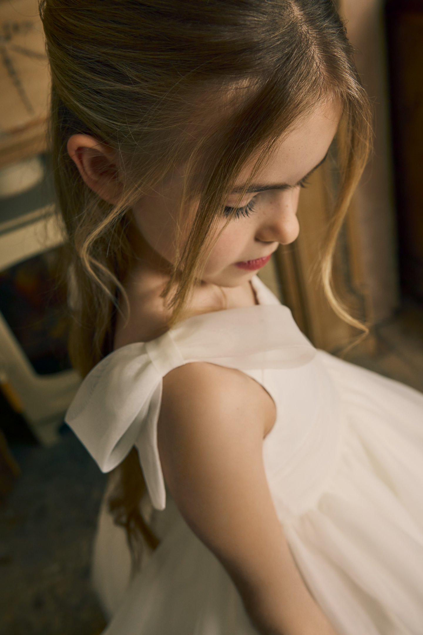 Fable by Justin Alexander Style FG002 Sadie Organza Tea Length Ball Gown with Delicate Organza Detachable Bows and Pleated Cummerbund