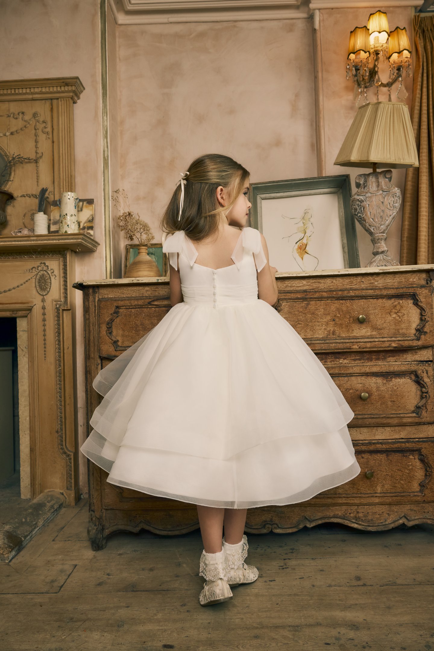 Fable by Justin Alexander Style FG002 Sadie Organza Tea Length Ball Gown with Delicate Organza Detachable Bows and Pleated Cummerbund
