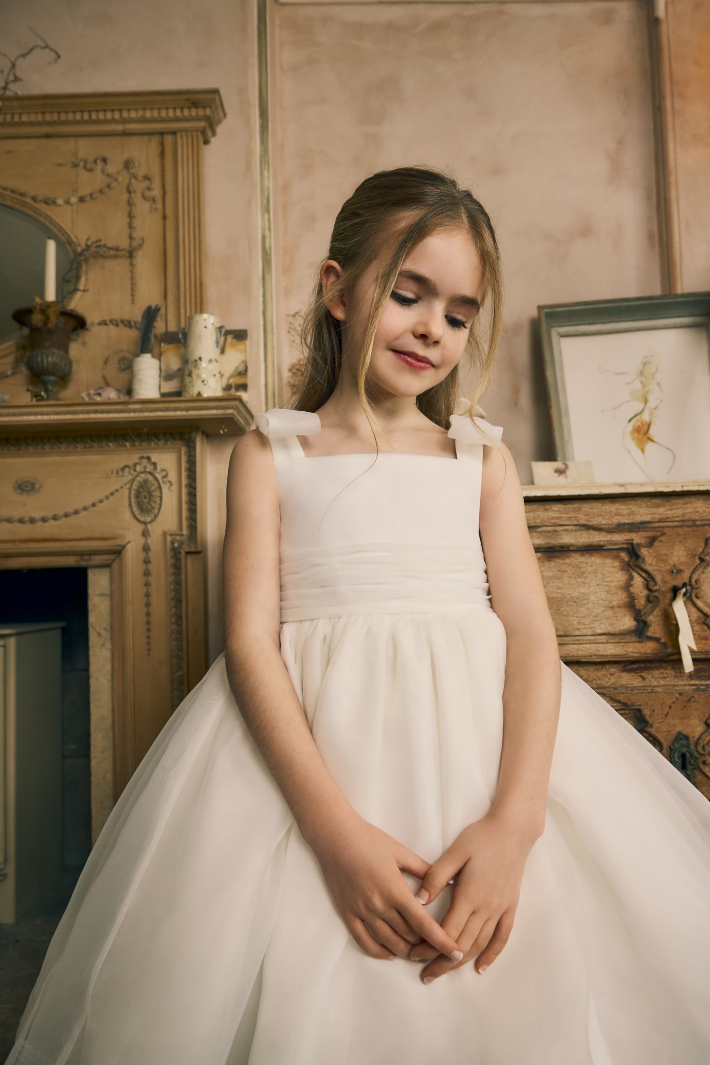 Fable by Justin Alexander Style FG002 Sadie Organza Tea Length Ball Gown with Delicate Organza Detachable Bows and Pleated Cummerbund