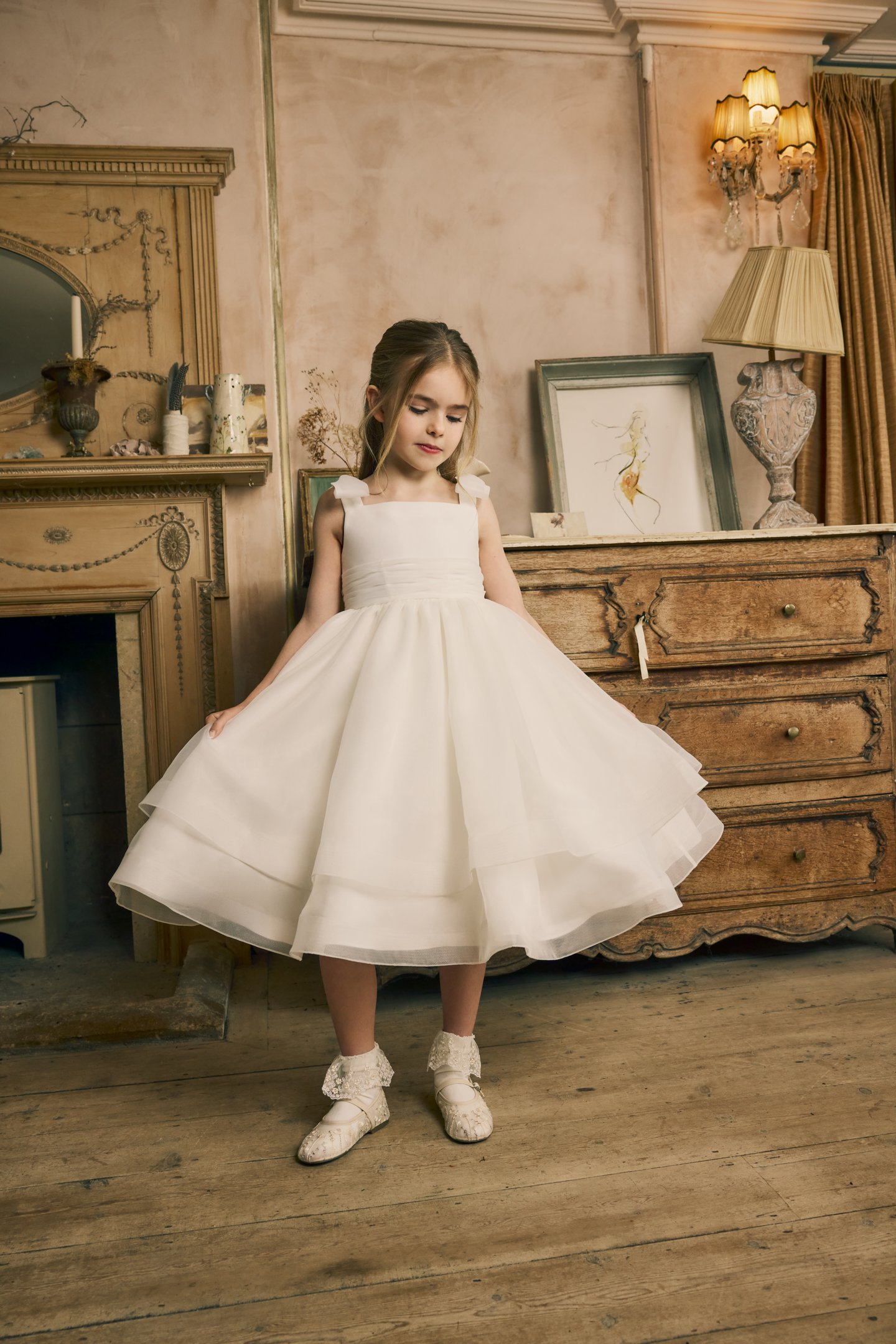 Fable by Justin Alexander Style FG002 Sadie Organza Tea Length Ball Gown with Delicate Organza Detachable Bows and Pleated Cummerbund