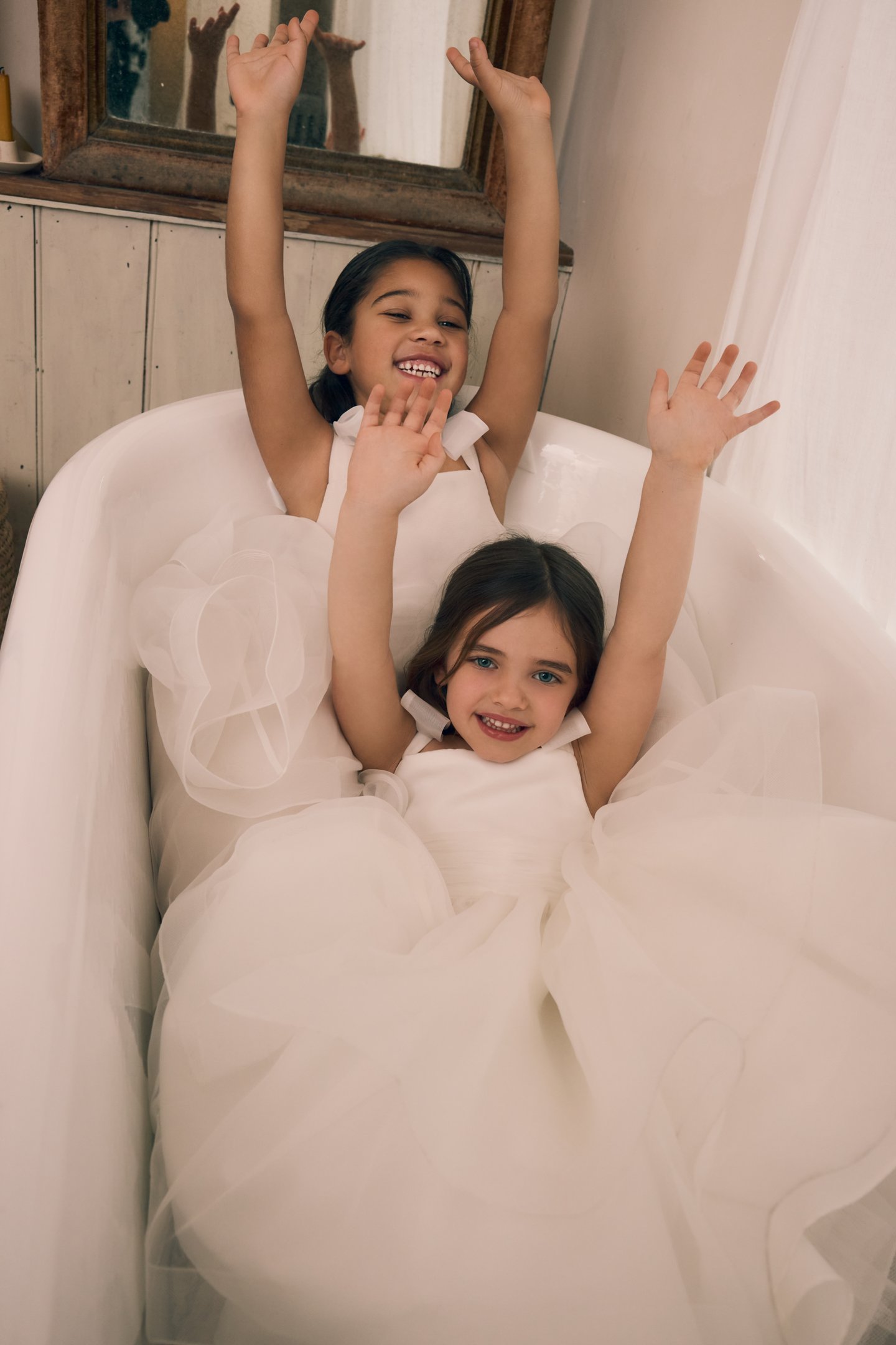Fable by Justin Alexander Style FG002 Sadie Organza Tea Length Ball Gown with Delicate Organza Detachable Bows and Pleated Cummerbund