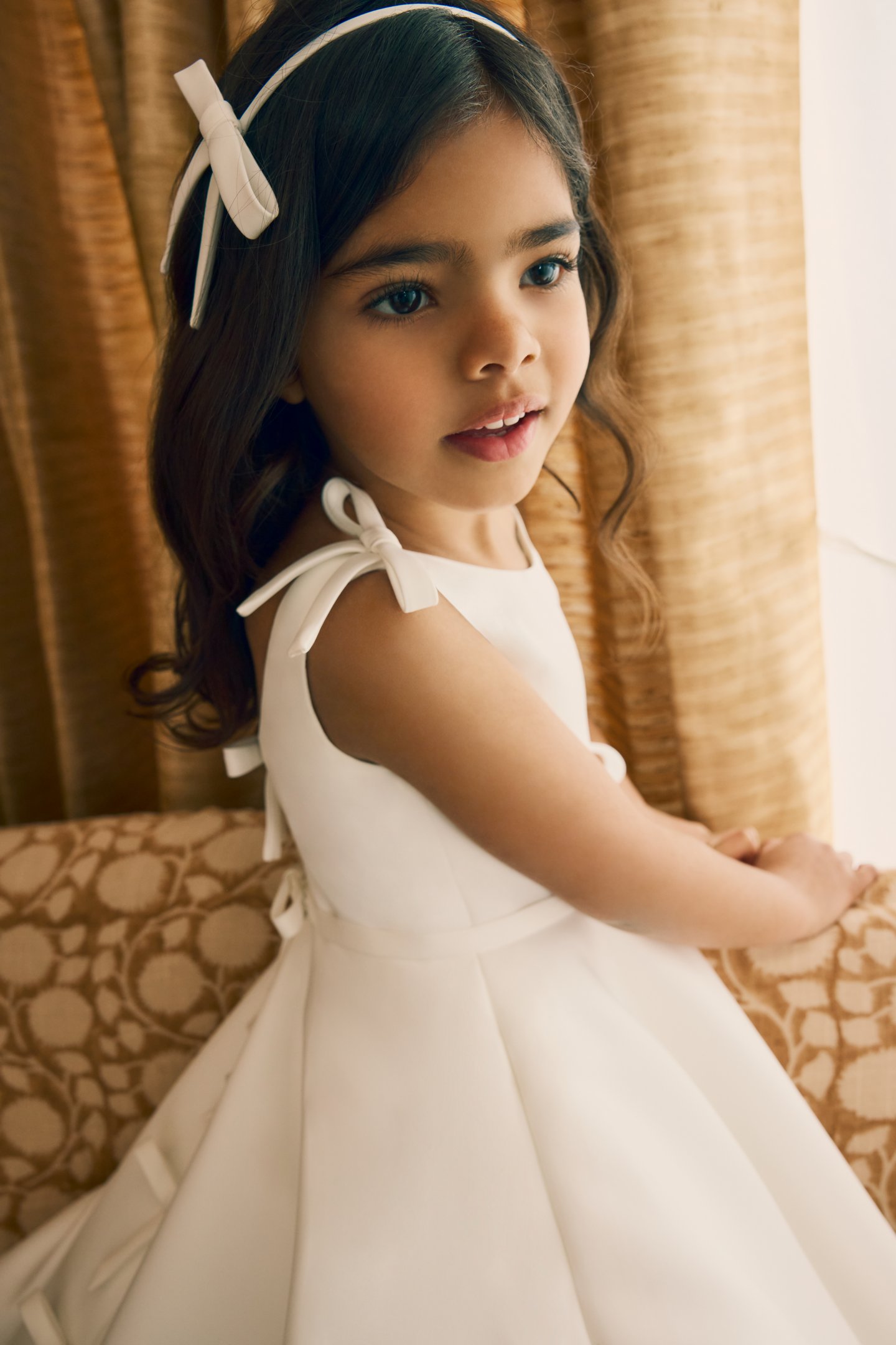 Fable by Justin Alexander Style FG003 Avel Tea Length Satin A-Line Dress with Matching Satin Bows on Shoulders  and Back