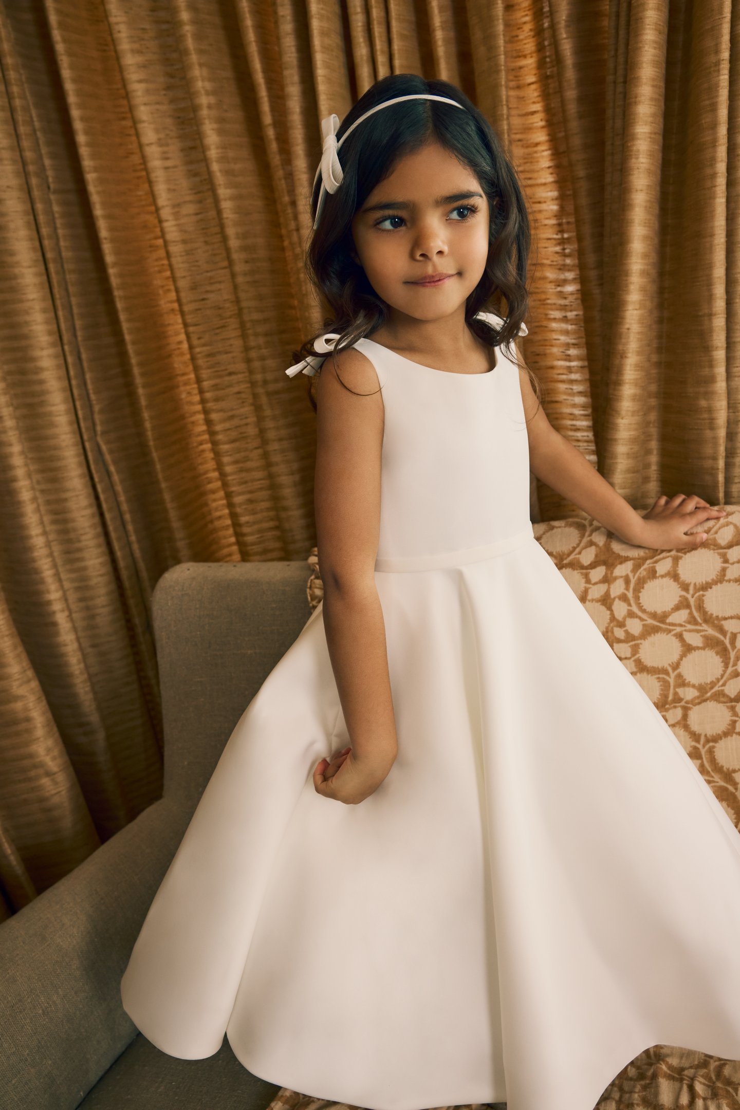 Fable by Justin Alexander Style FG003 Avel Tea Length Satin A-Line Dress with Matching Satin Bows on Shoulders  and Back