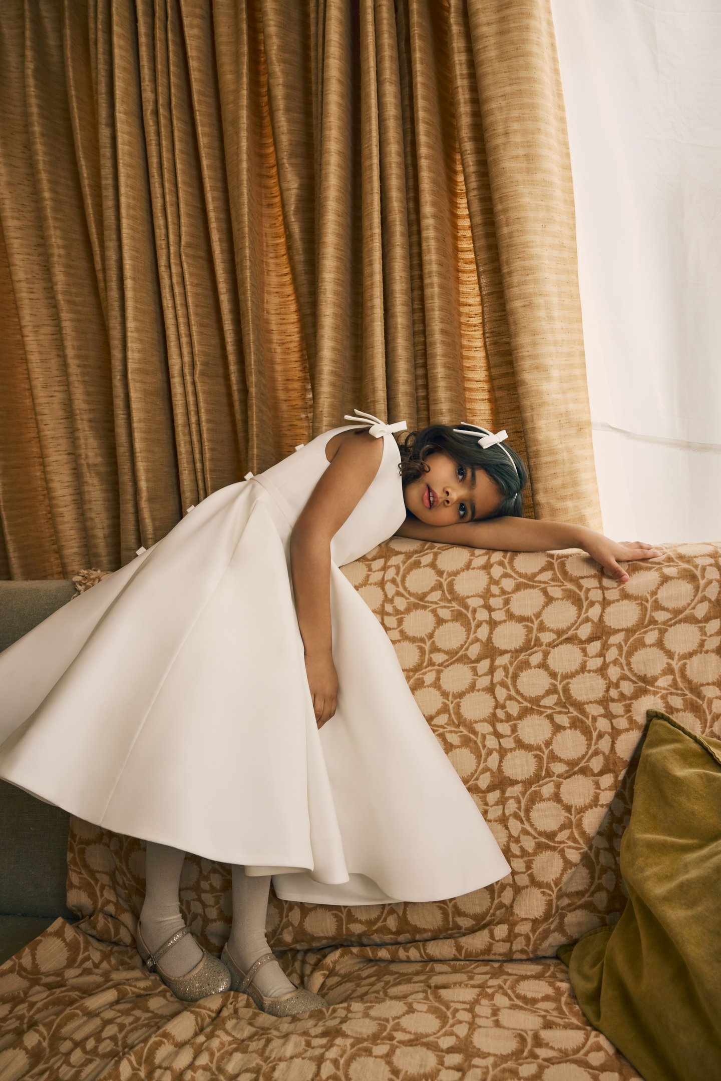 Fable by Justin Alexander Style FG003 Avel Tea Length Satin A-Line Dress with Matching Satin Bows on Shoulders  and Back