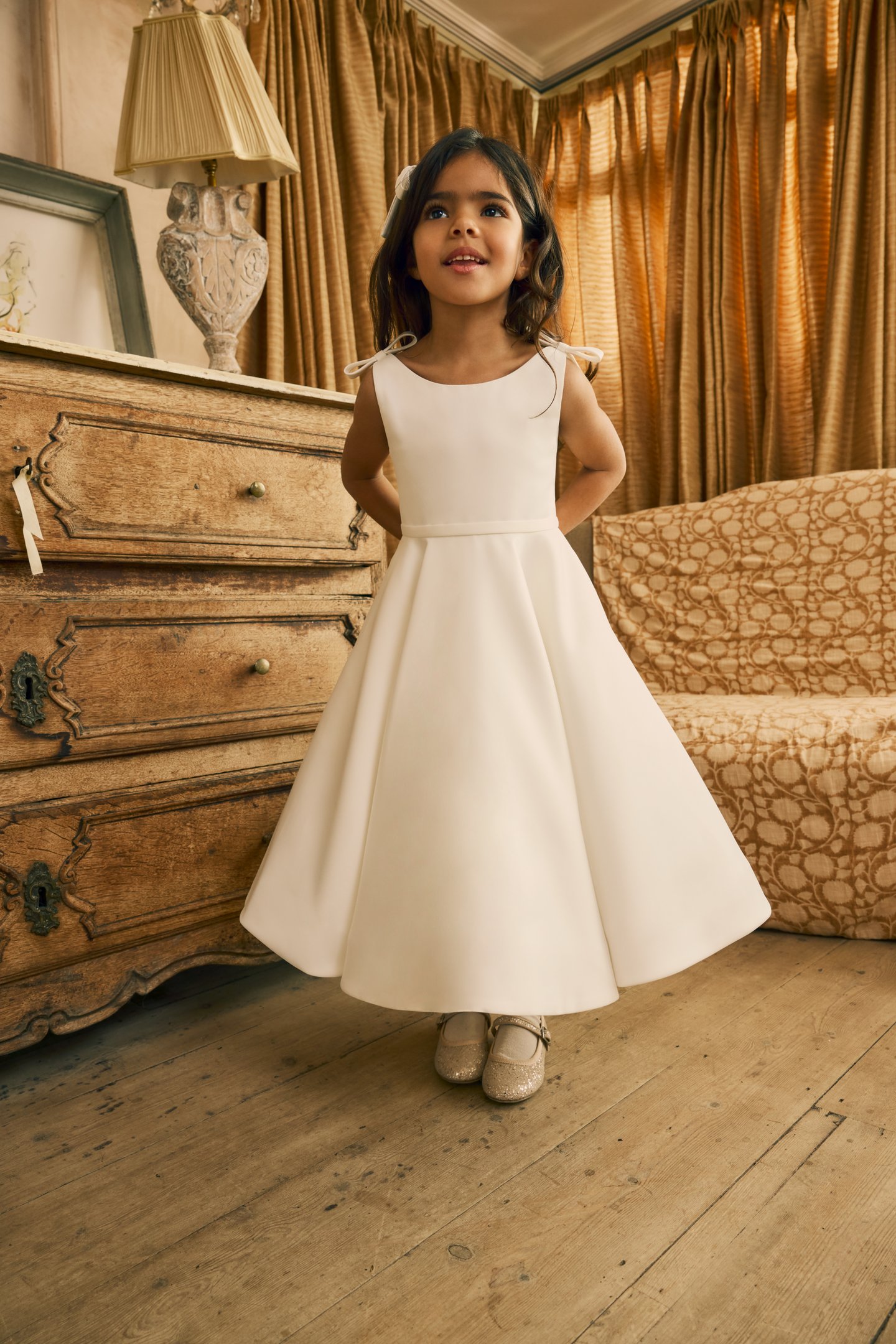 Fable by Justin Alexander Style FG003 Avel Tea Length Satin A-Line Dress with Matching Satin Bows on Shoulders  and Back