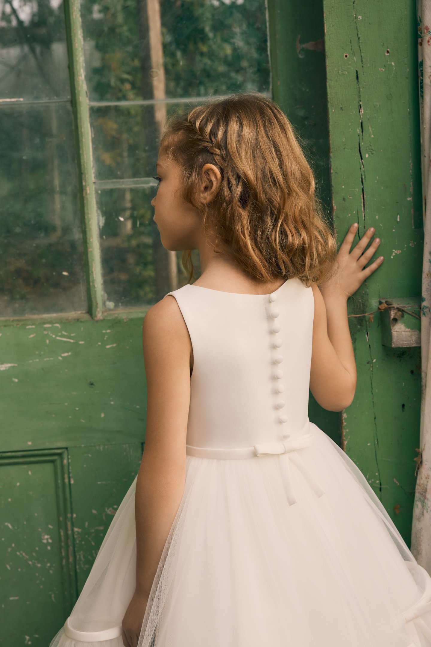 Fable by Justin Alexander Style FG004 Winnie Satin and Soft Tulle Tea Length Ball Gown with Dainty Bows on Center Front and Back