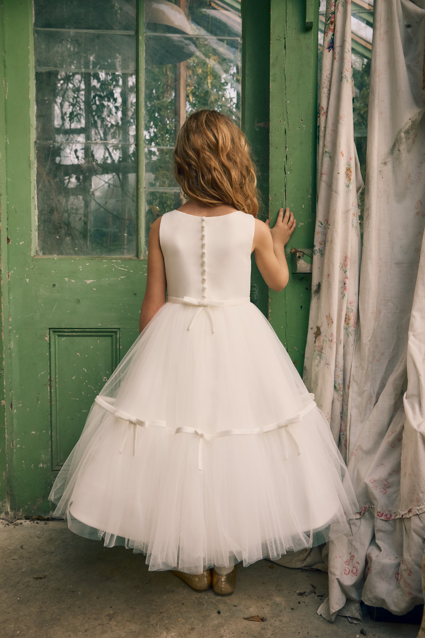 Fable by Justin Alexander Style FG004 Winnie Satin and Soft Tulle Tea Length Ball Gown with Dainty Bows on Center Front and Back