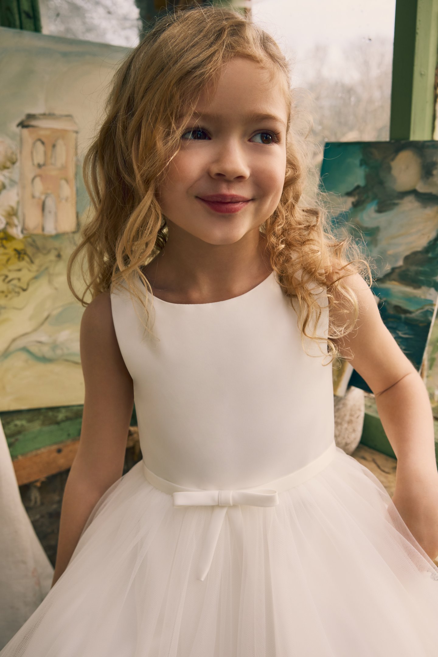 Fable by Justin Alexander Style FG004 Winnie Satin and Soft Tulle Tea Length Ball Gown with Dainty Bows on Center Front and Back