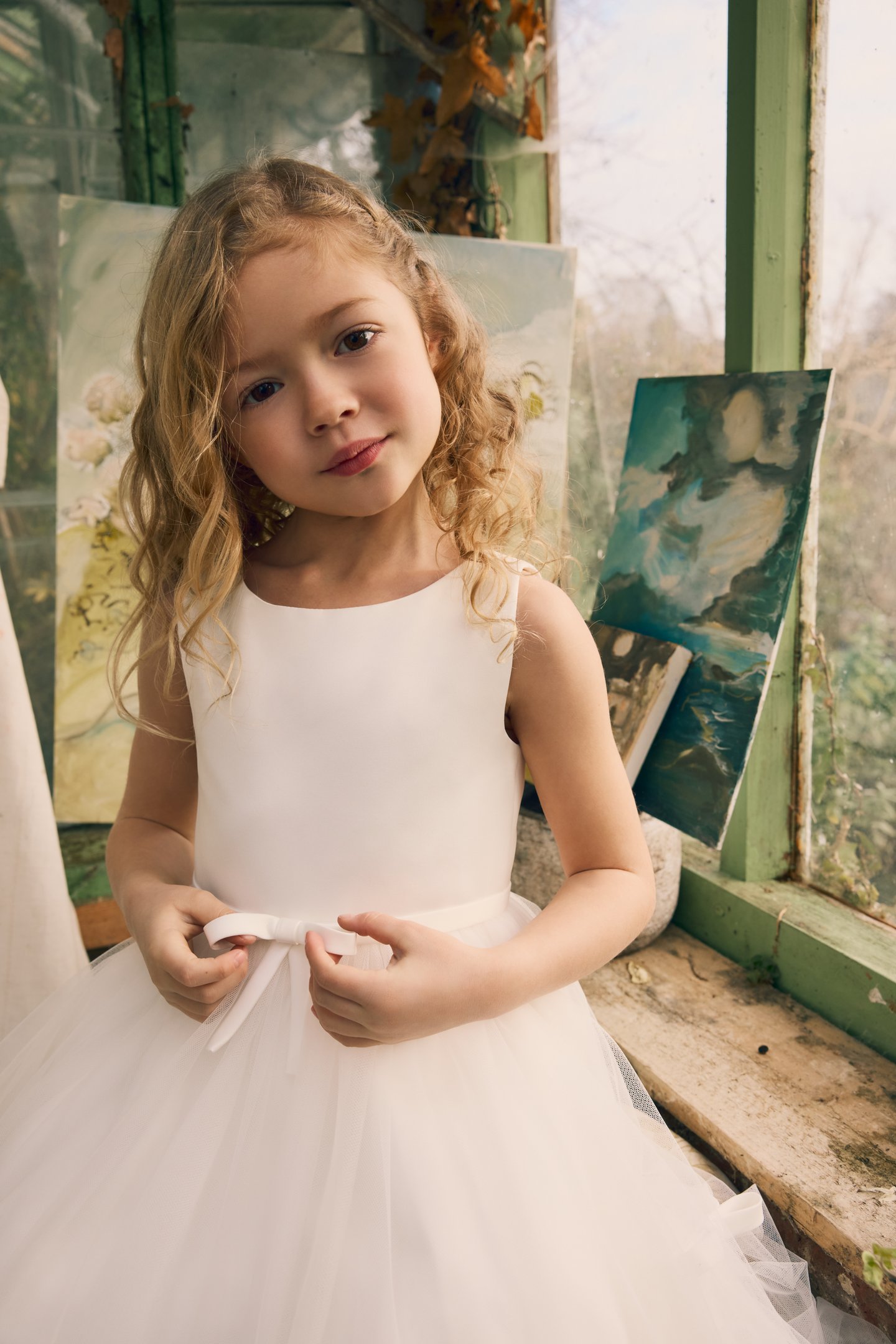 Fable by Justin Alexander Style FG004 Winnie Satin and Soft Tulle Tea Length Ball Gown with Dainty Bows on Center Front and Back