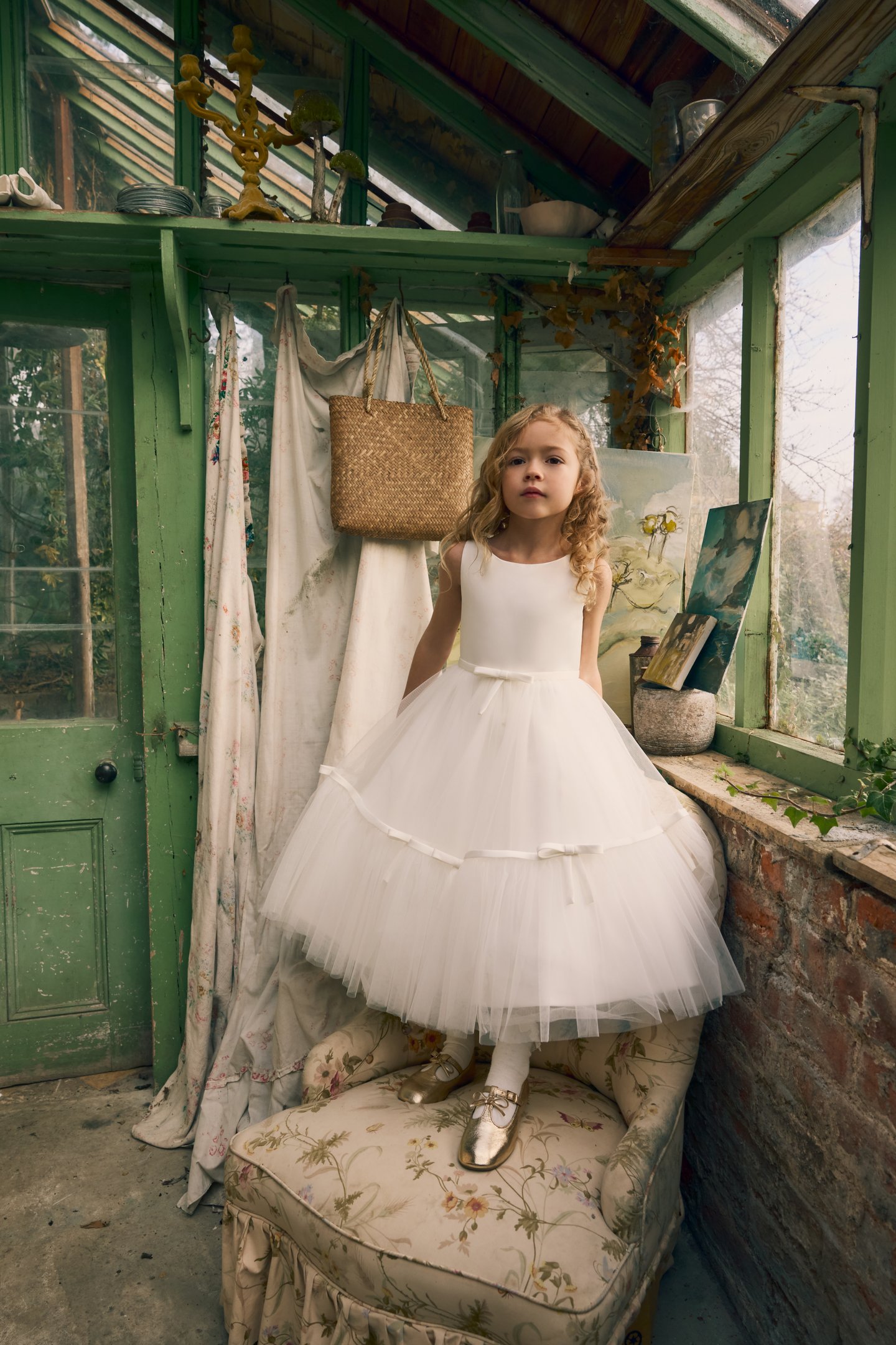 Fable by Justin Alexander Style FG004 Winnie Satin and Soft Tulle Tea Length Ball Gown with Dainty Bows on Center Front and Back